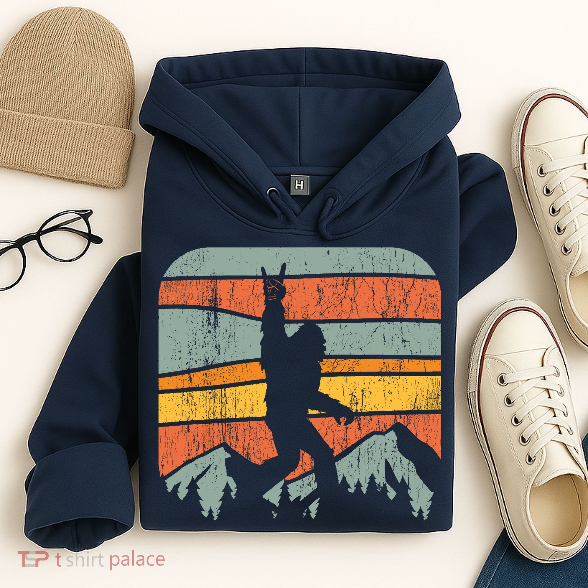 Bigfoot Rock and Roll Retro Mountain Sunset Sasquatch Gift Hoodie