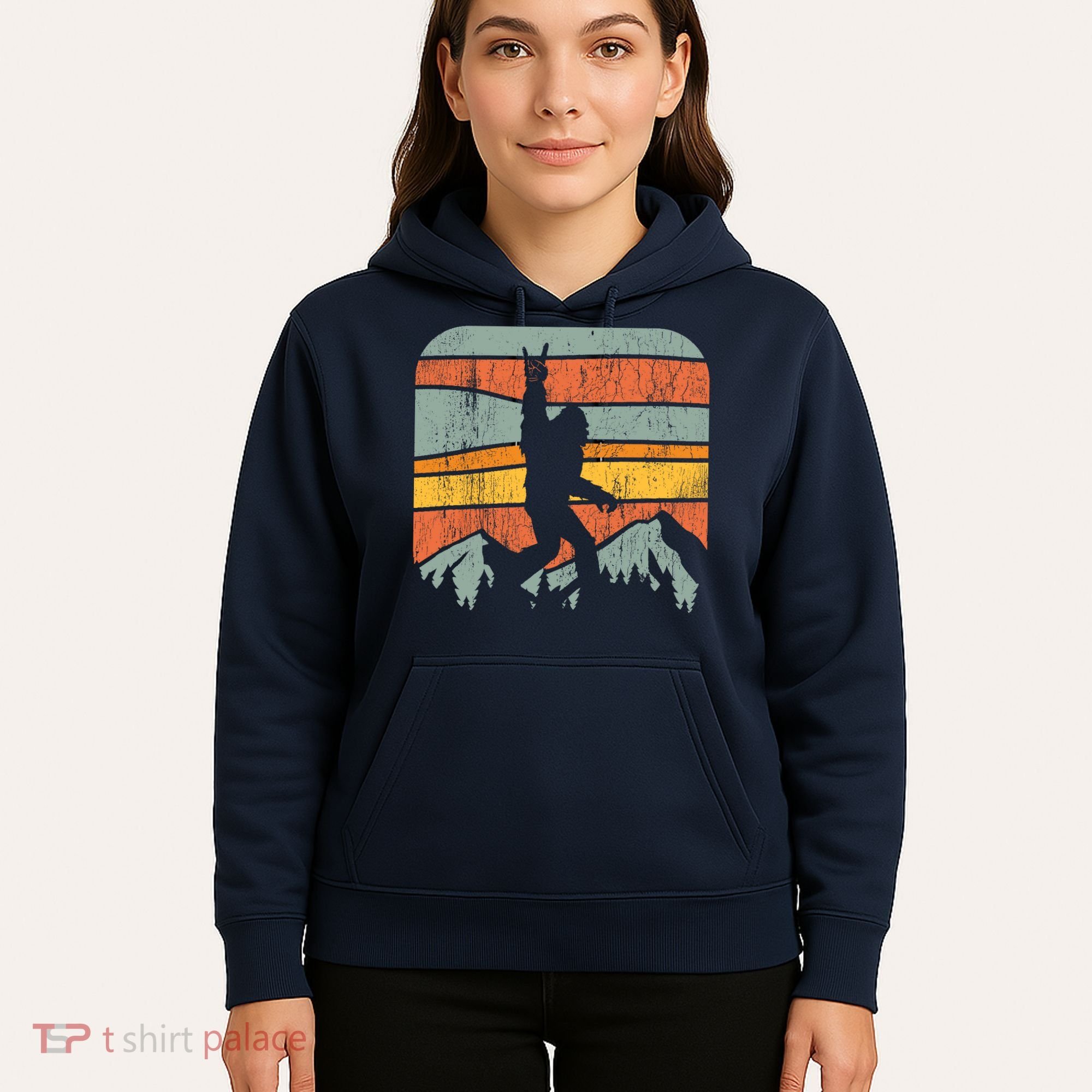 Bigfoot Rock and Roll Retro Mountain Sunset Sasquatch Gift Hoodie