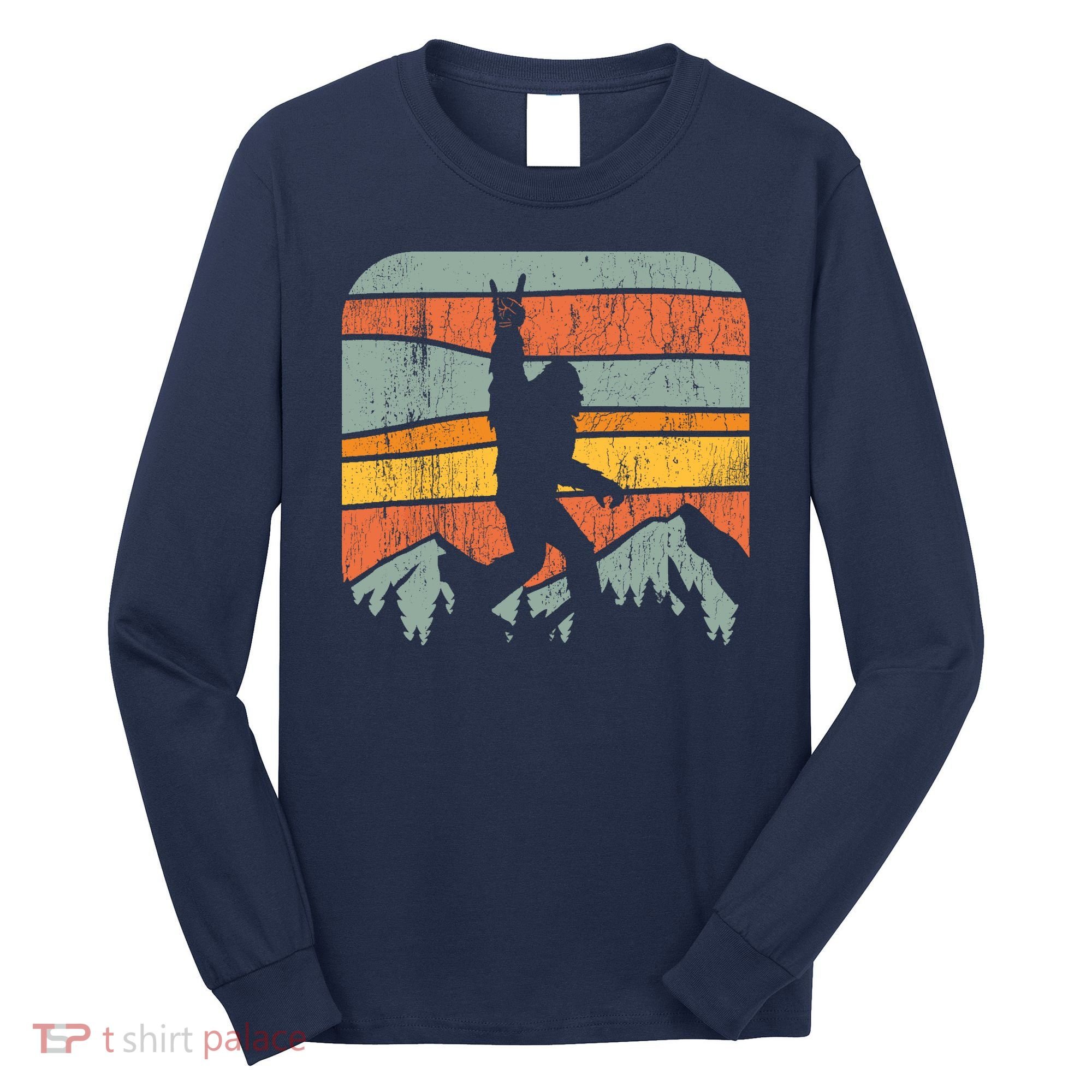 Bigfoot Rock and Roll Retro Mountain Sunset Sasquatch Gift Long Sleeve Shirt