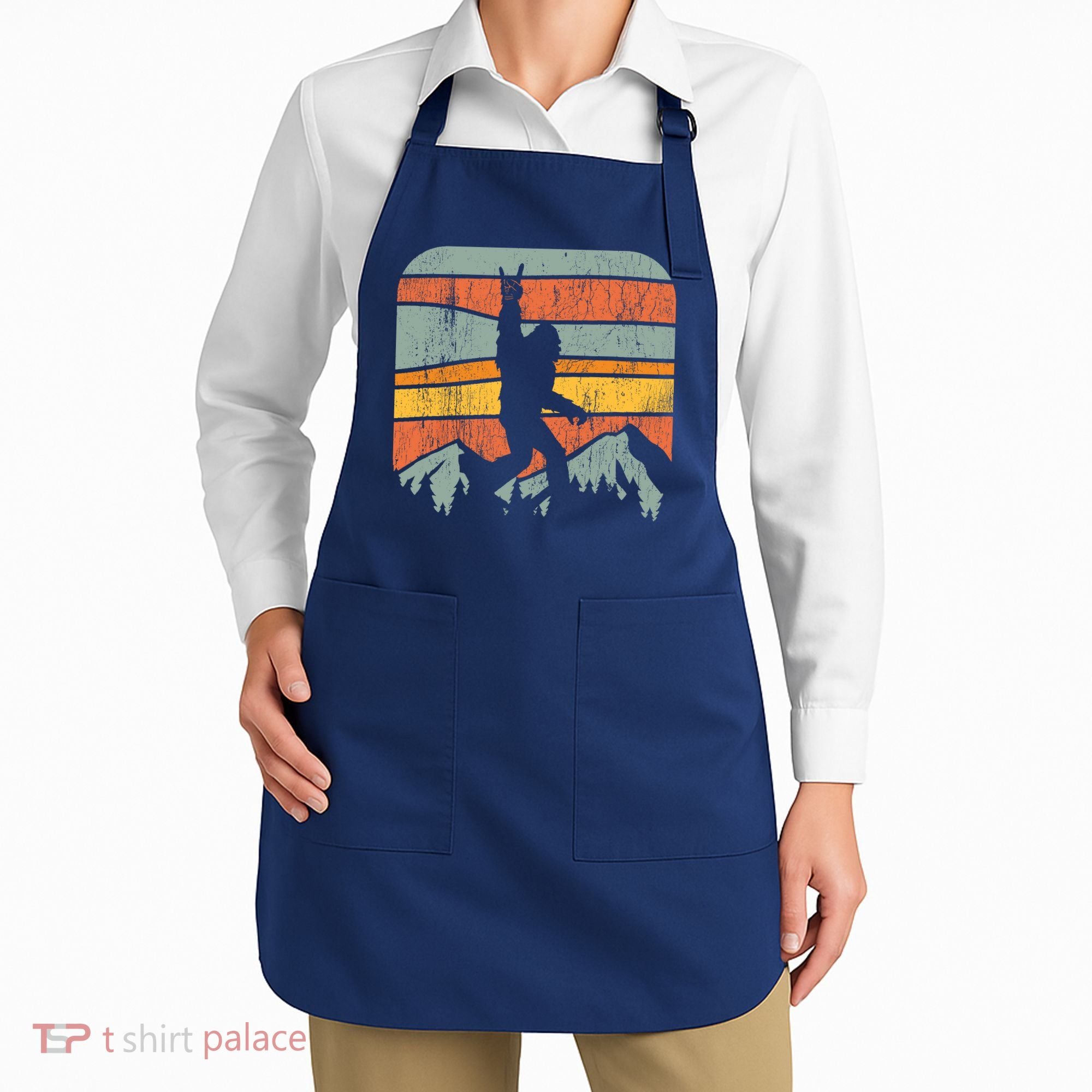 Bigfoot Rock and Roll Retro Mountain Sunset Sasquatch Gift Apron