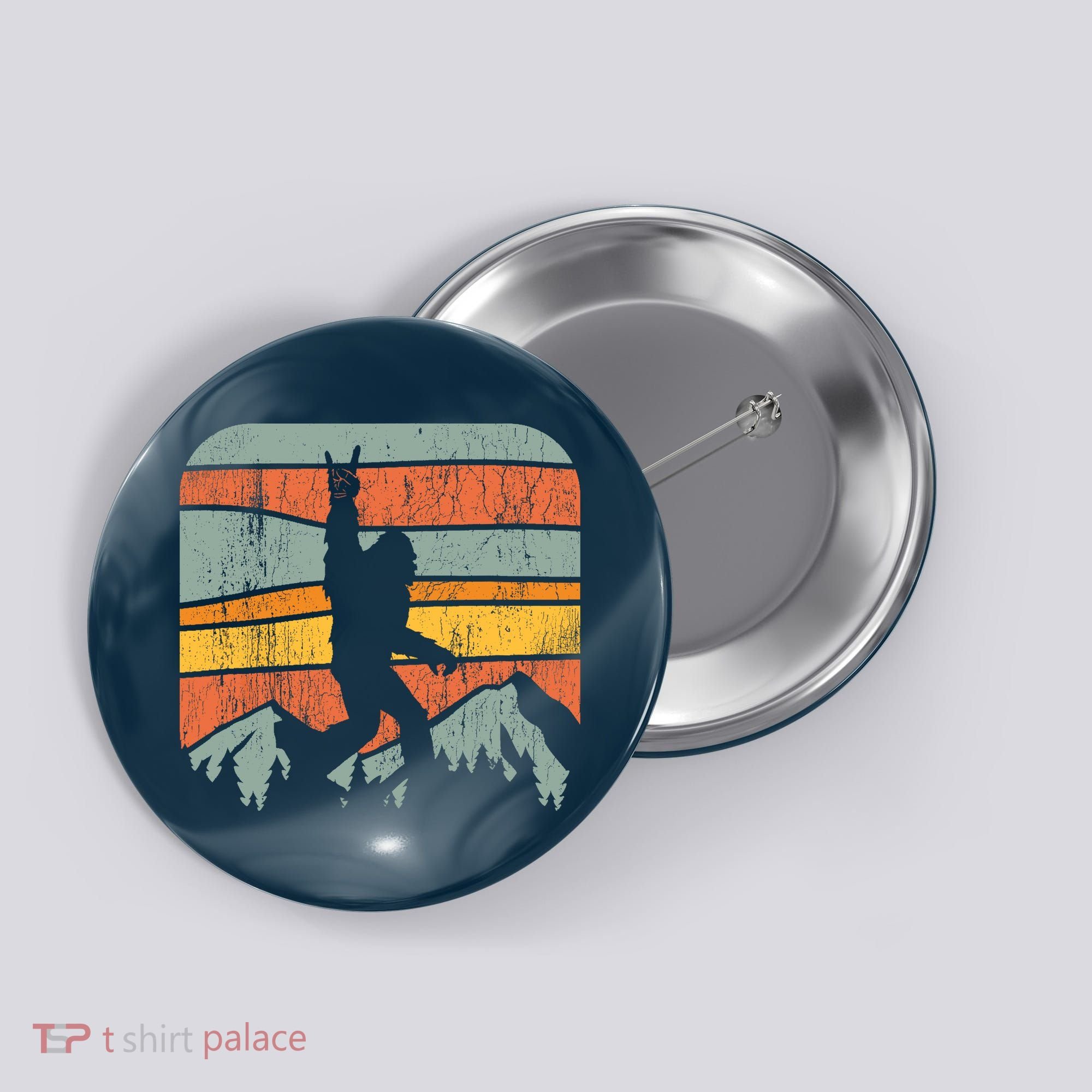 Bigfoot Rock and Roll Retro Mountain Sunset Sasquatch Gift Button