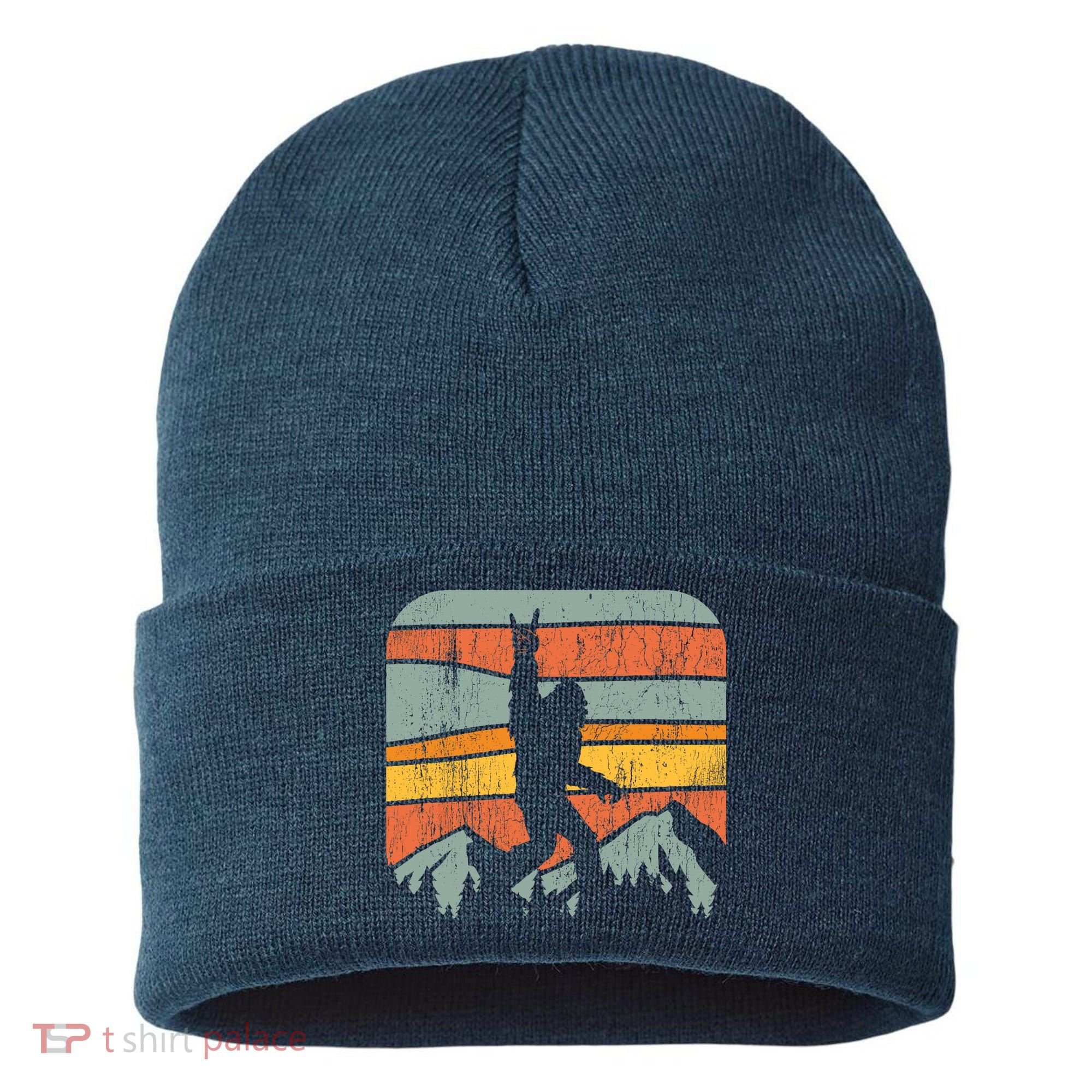Bigfoot Rock and Roll Retro Mountain Sunset Sasquatch Gift Sustainable Knit Beanie