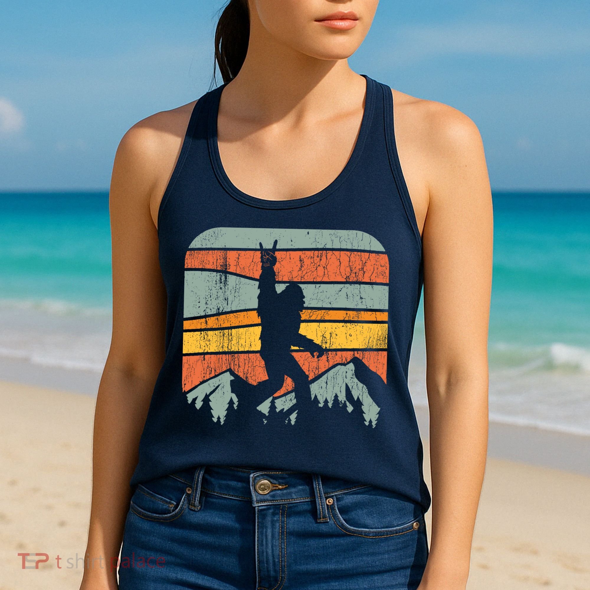 Bigfoot Rock and Roll Retro Mountain Sunset Sasquatch Gift Women's Tank Top