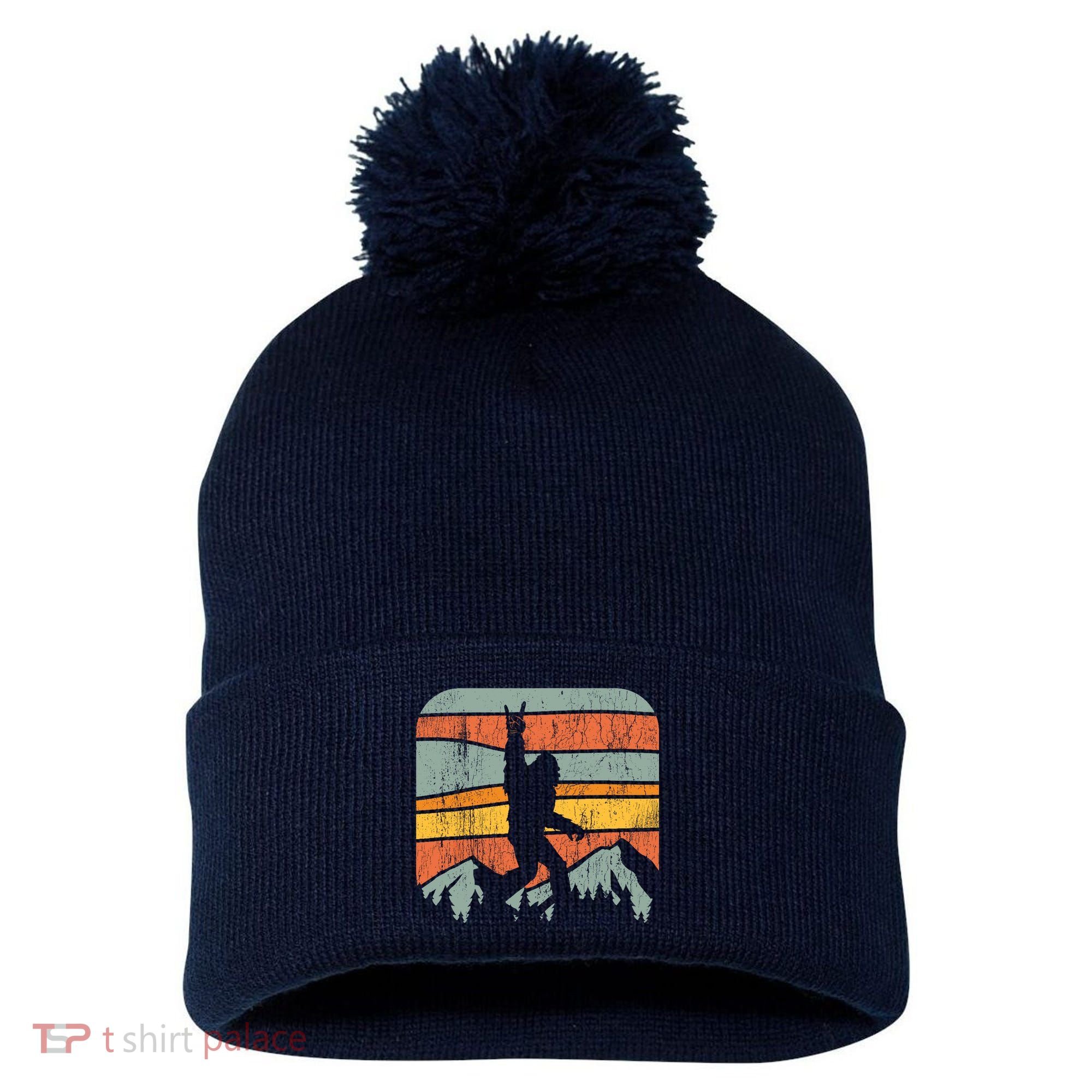 Bigfoot Rock and Roll Retro Mountain Sunset Sasquatch Gift Pom Pom 12in Knit Beanie
