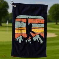 Bigfoot Rock and Roll Retro Mountain Sunset Sasquatch Gift Golf Towel thumb 1