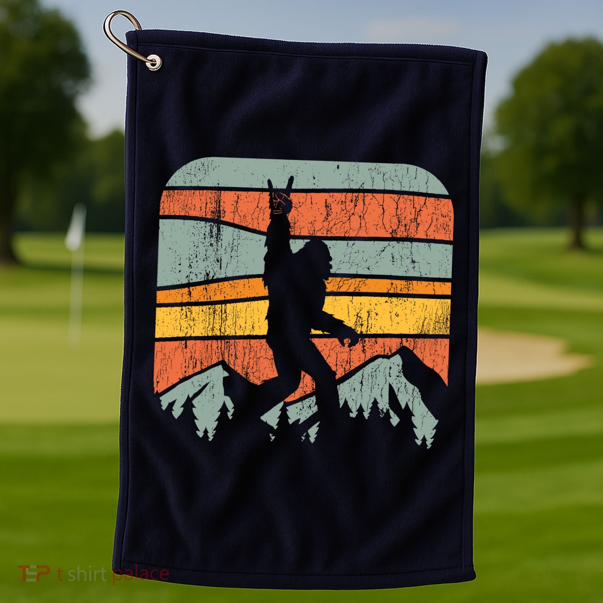 Bigfoot Rock and Roll Retro Mountain Sunset Sasquatch Gift Golf Towel