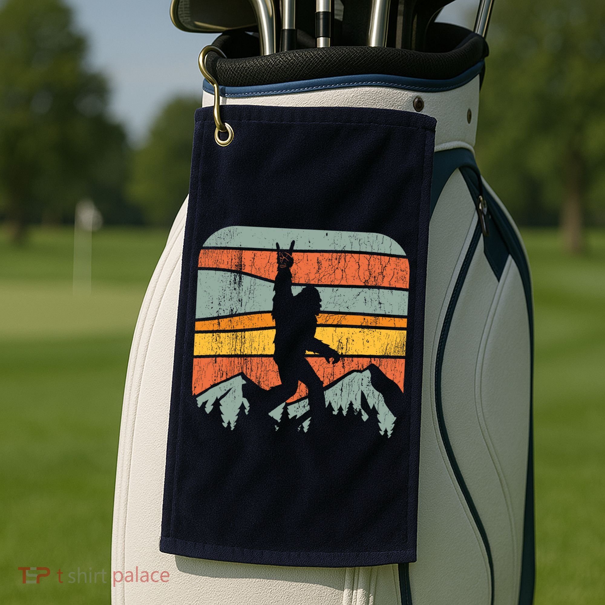 Bigfoot Rock and Roll Retro Mountain Sunset Sasquatch Gift Golf Towel