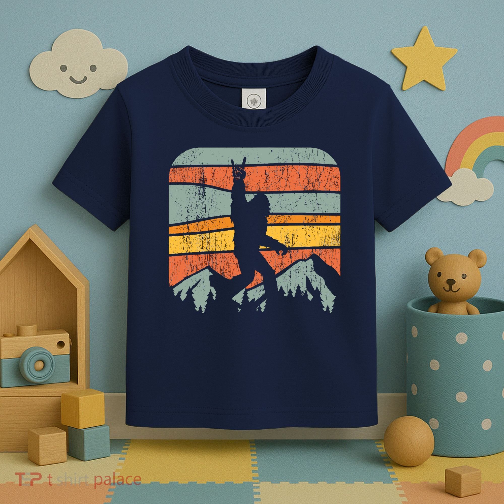 Bigfoot Rock and Roll Retro Mountain Sunset Sasquatch Gift Toddler T-Shirt