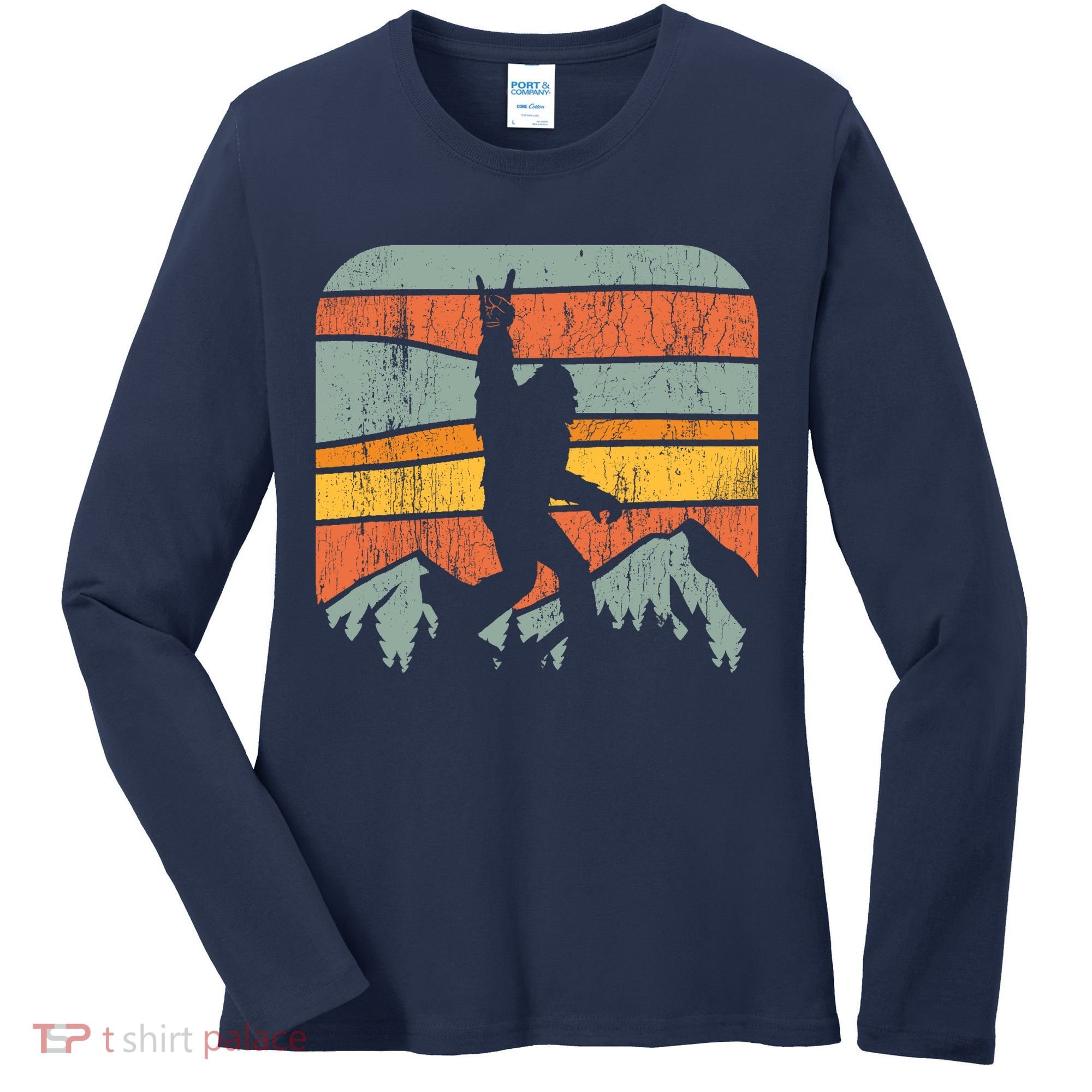 Bigfoot Rock and Roll Retro Mountain Sunset Sasquatch Gift Women's Long Sleeve Shirt
