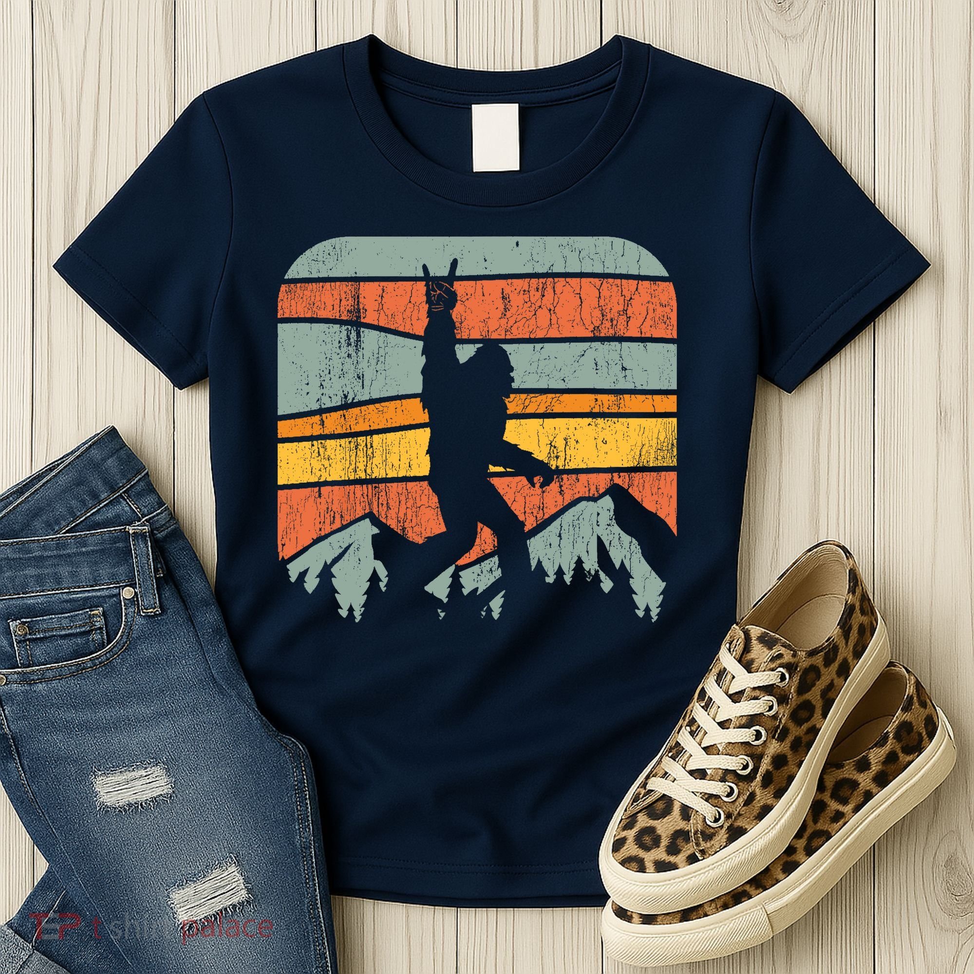 Bigfoot Rock and Roll Retro Mountain Sunset Sasquatch Gift Women's T-Shirt