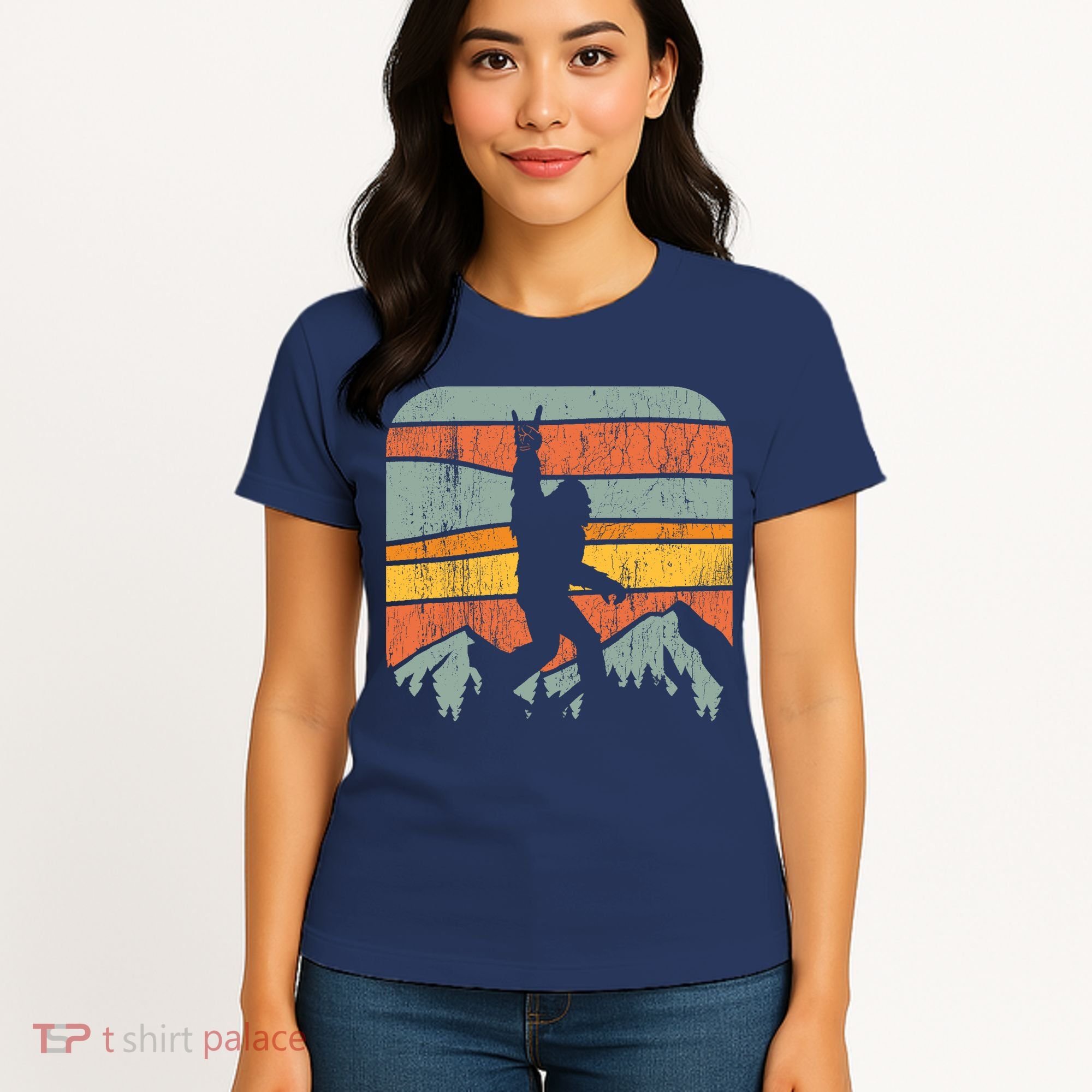 Bigfoot Rock and Roll Retro Mountain Sunset Sasquatch Gift Women's T-Shirt