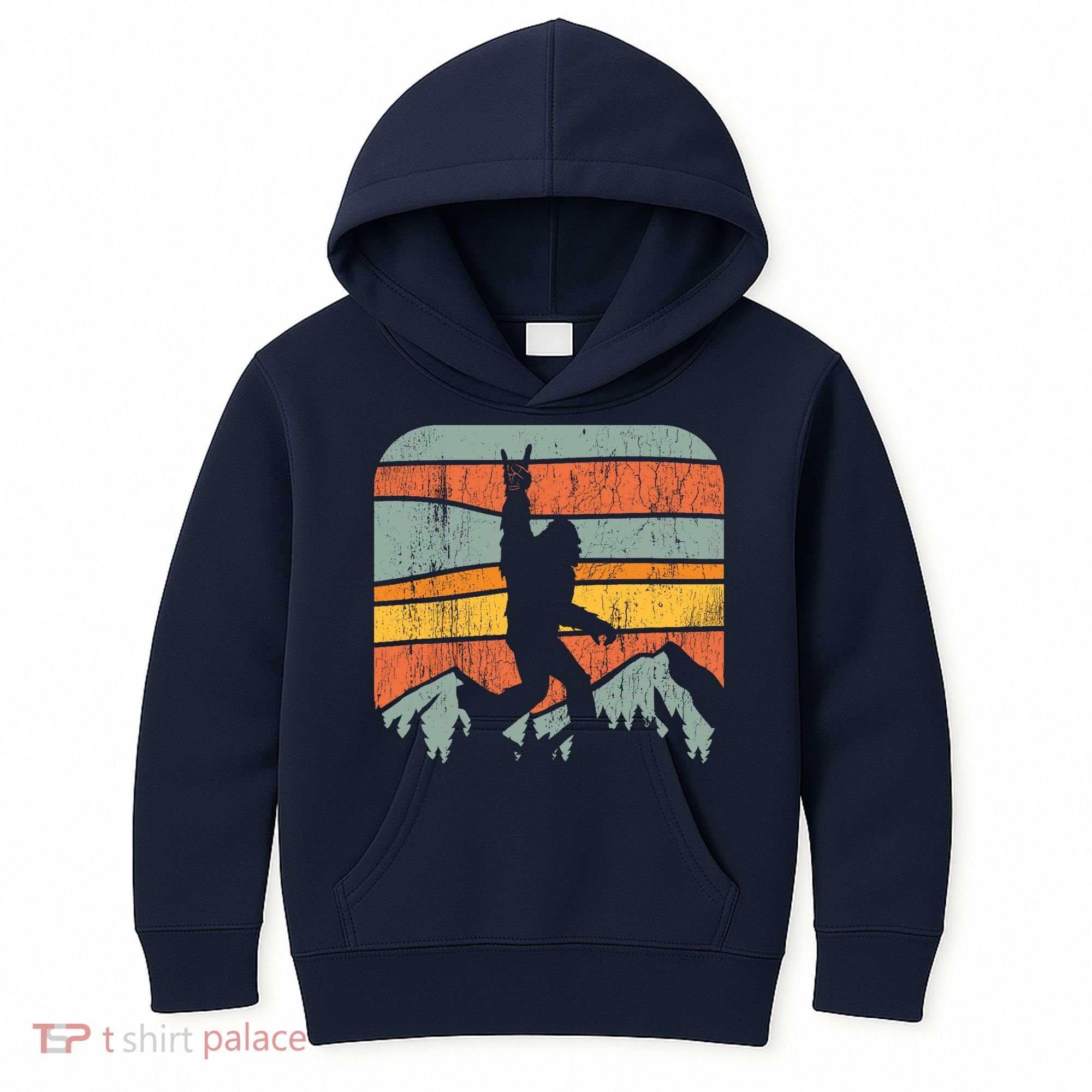 Bigfoot Rock and Roll Retro Mountain Sunset Sasquatch Gift Kids Hoodie