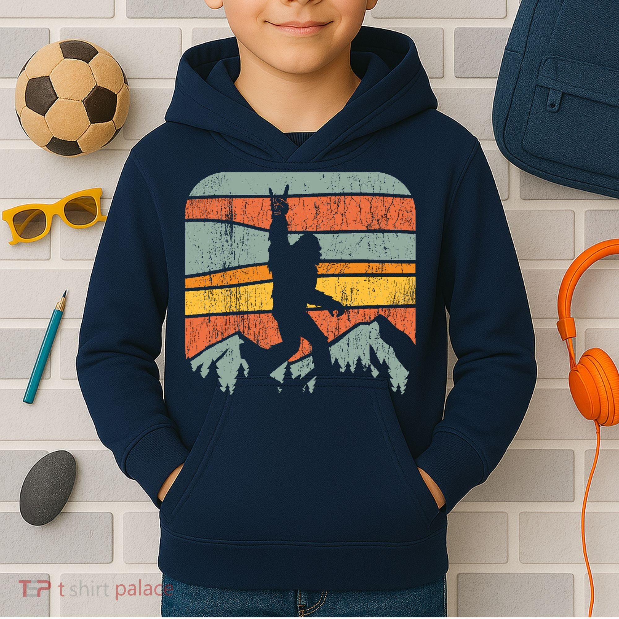 Bigfoot Rock and Roll Retro Mountain Sunset Sasquatch Gift Kids Hoodie
