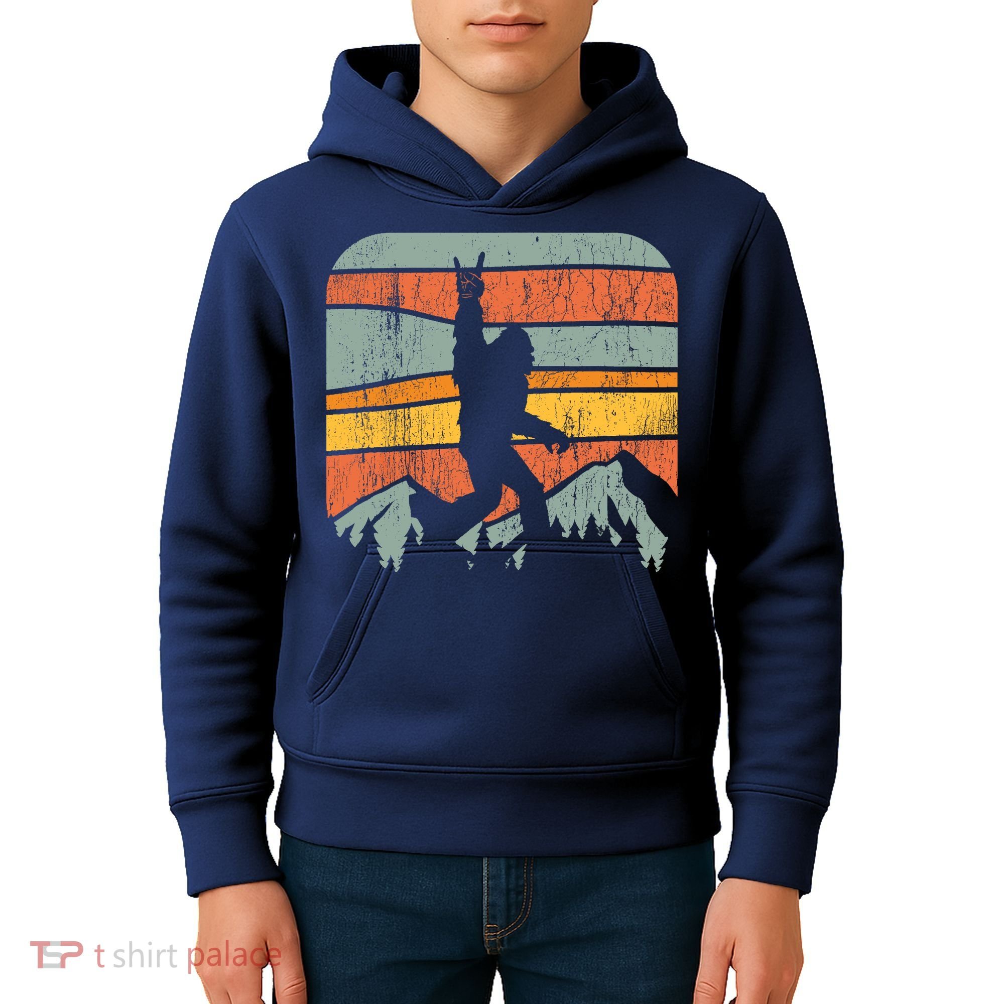 Bigfoot Rock and Roll Retro Mountain Sunset Sasquatch Gift Kids Hoodie