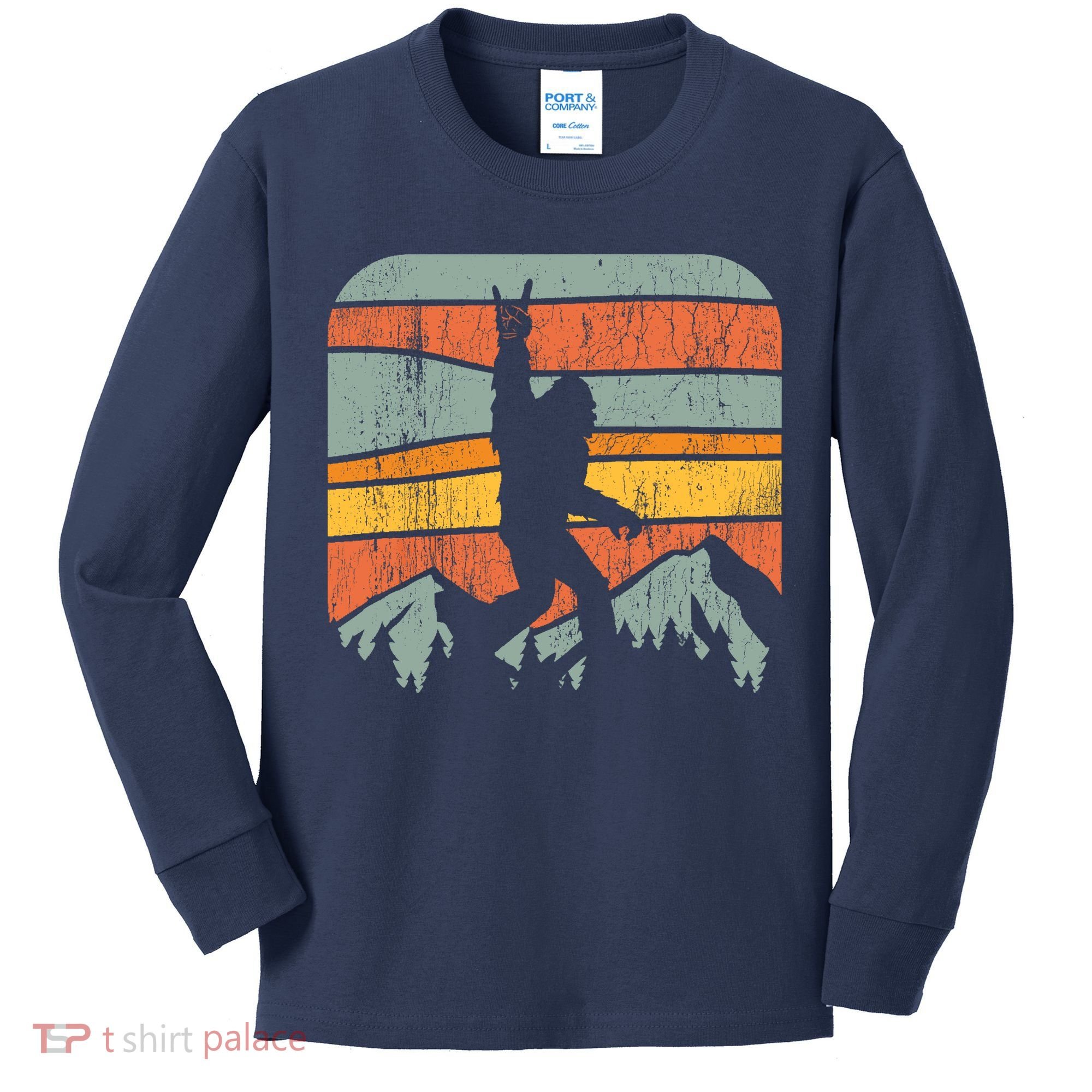 Bigfoot Rock and Roll Retro Mountain Sunset Sasquatch Gift Kids Long Sleeve Shirt