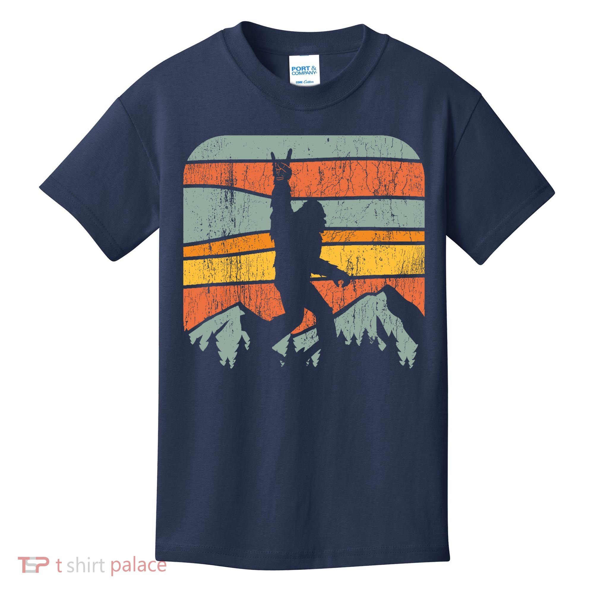 Bigfoot Rock and Roll Retro Mountain Sunset Sasquatch Gift Kids T-Shirt