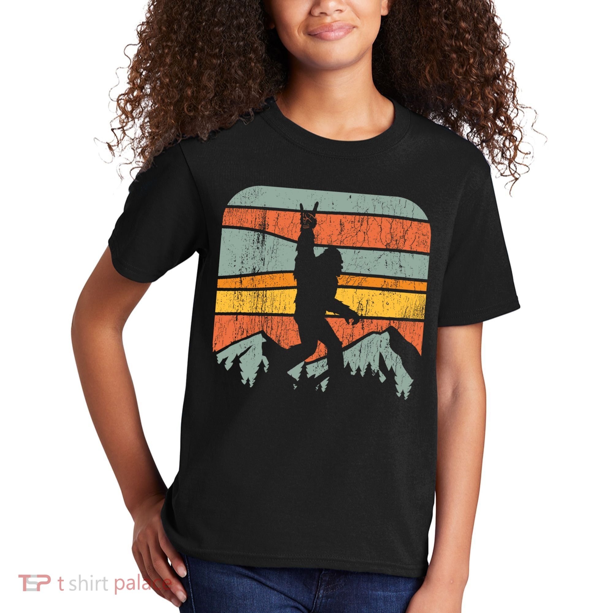 Bigfoot Rock and Roll Retro Mountain Sunset Sasquatch Gift Kids T-Shirt
