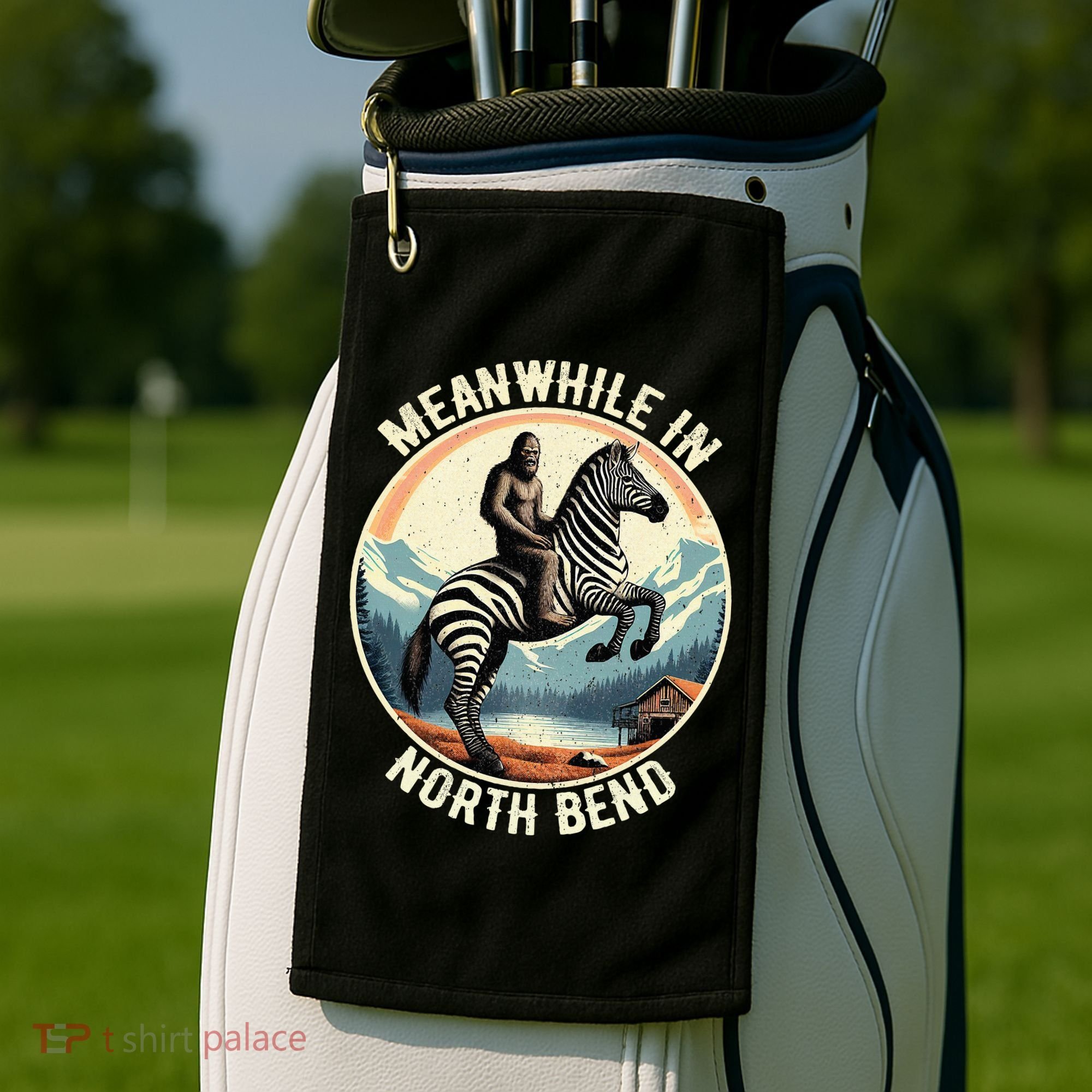 Bigfoot Riding A Zebra Meanwhile In North Bend Golf Towel
