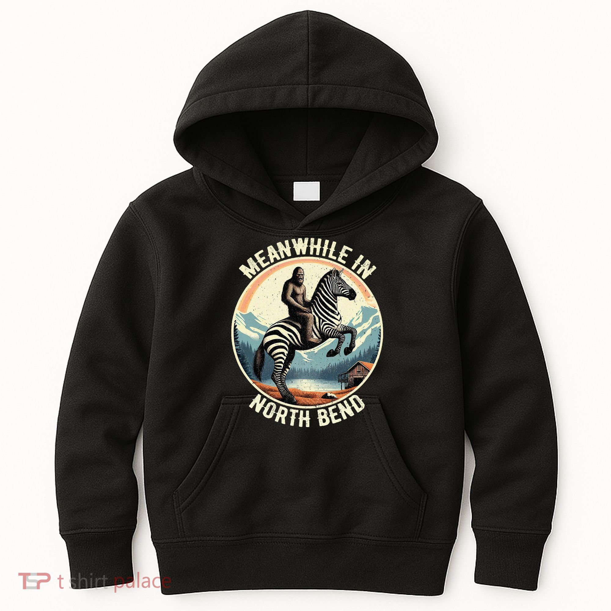 Bigfoot Riding A Zebra Meanwhile In North Bend Kids Hoodie