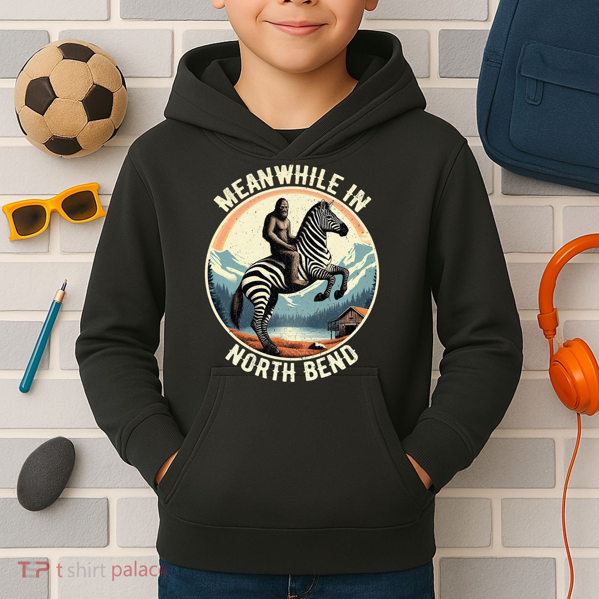 Bigfoot Riding A Zebra Meanwhile In North Bend Kids Hoodie