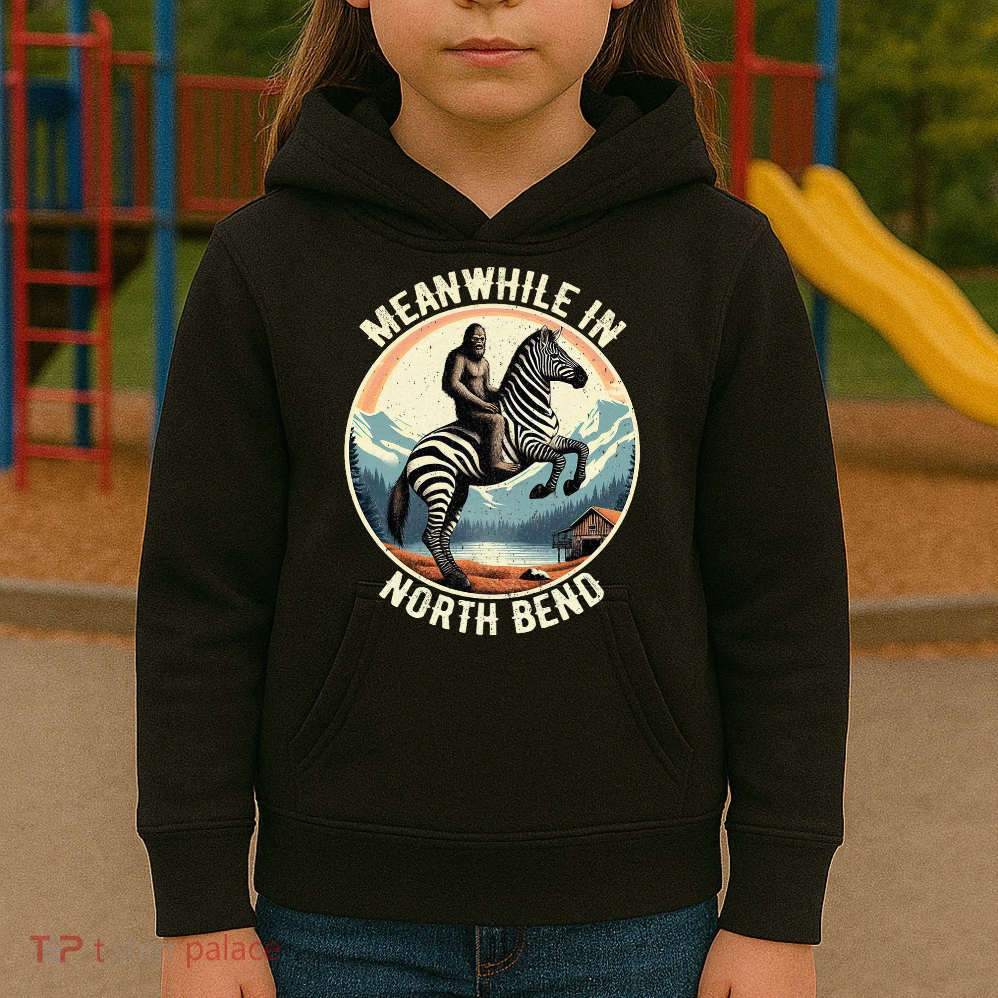 Bigfoot Riding A Zebra Meanwhile In North Bend Kids Hoodie