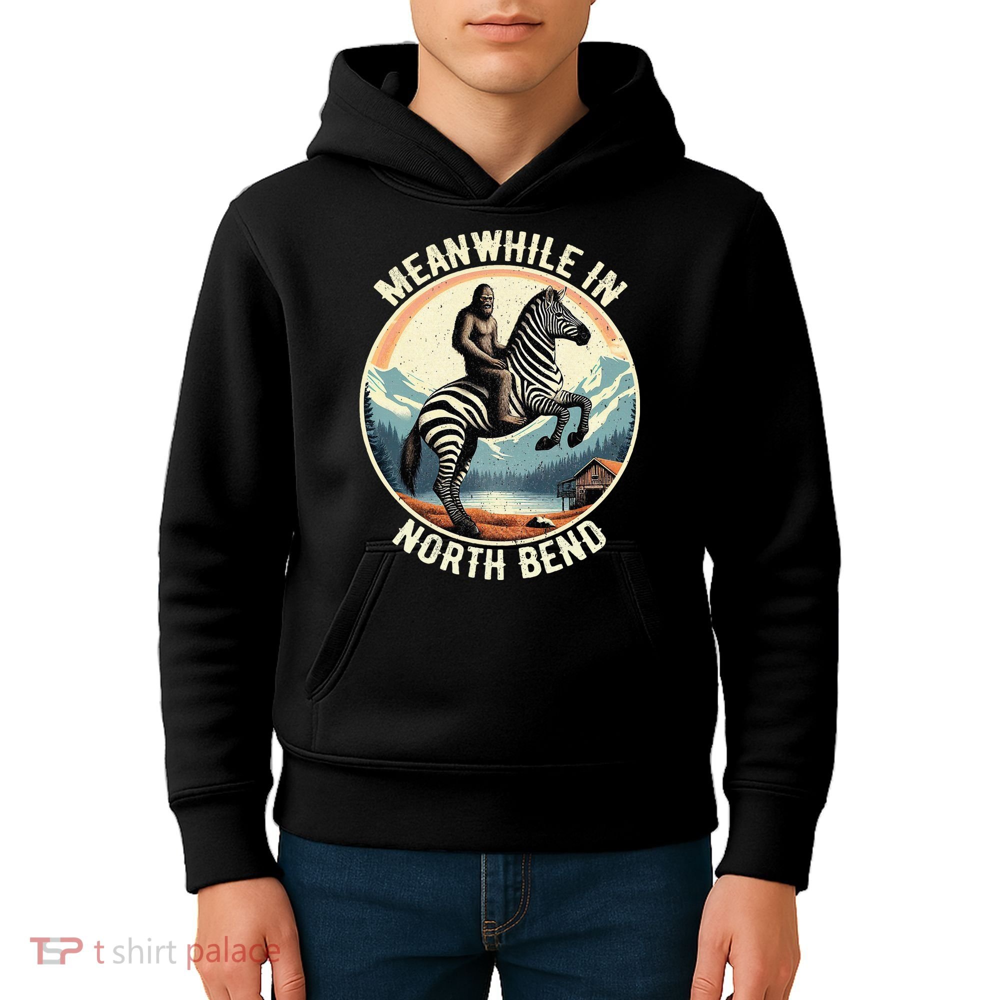 Bigfoot Riding A Zebra Meanwhile In North Bend Kids Hoodie