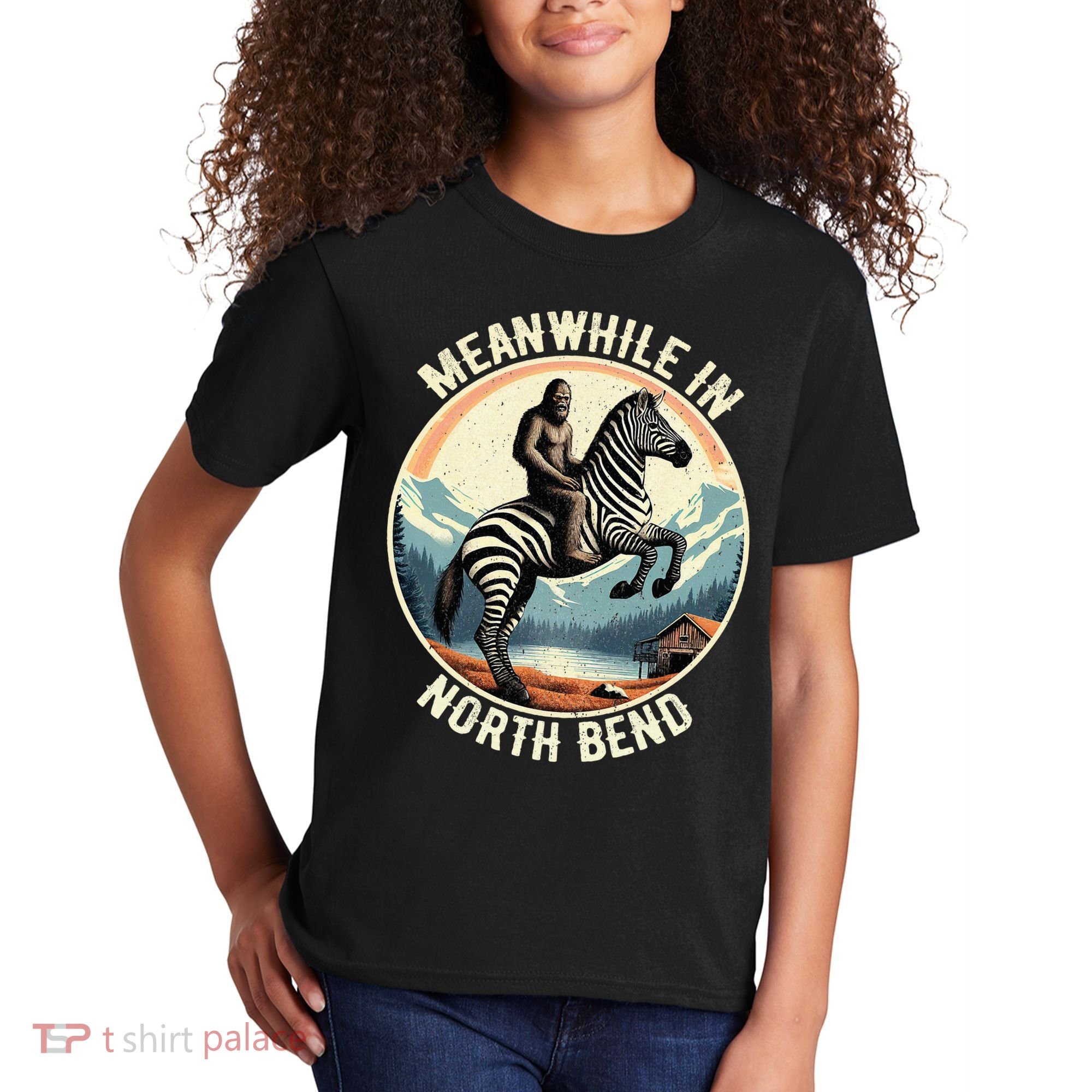 Bigfoot Riding A Zebra Meanwhile In North Bend Kids T-Shirt
