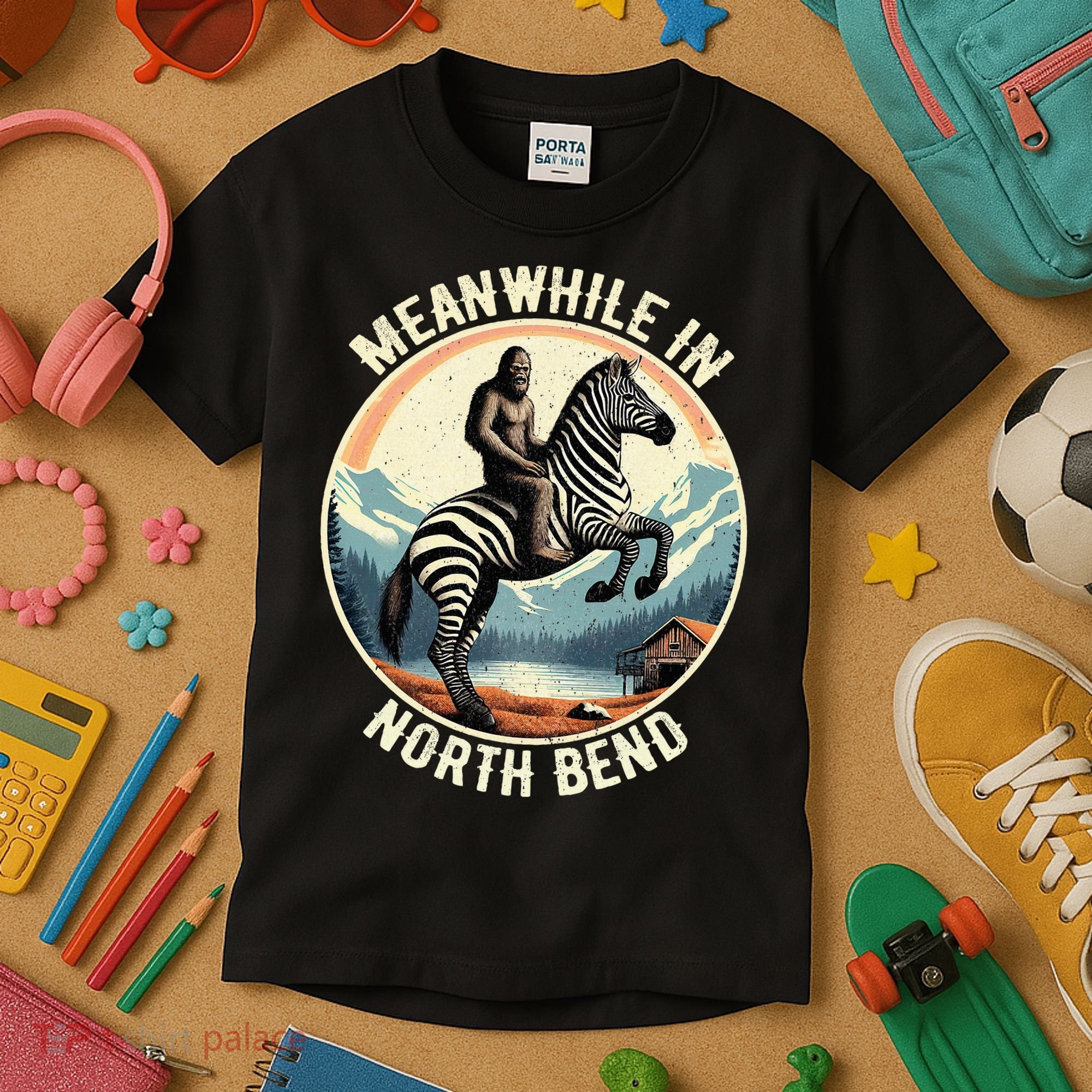 Bigfoot Riding A Zebra Meanwhile In North Bend Kids T-Shirt