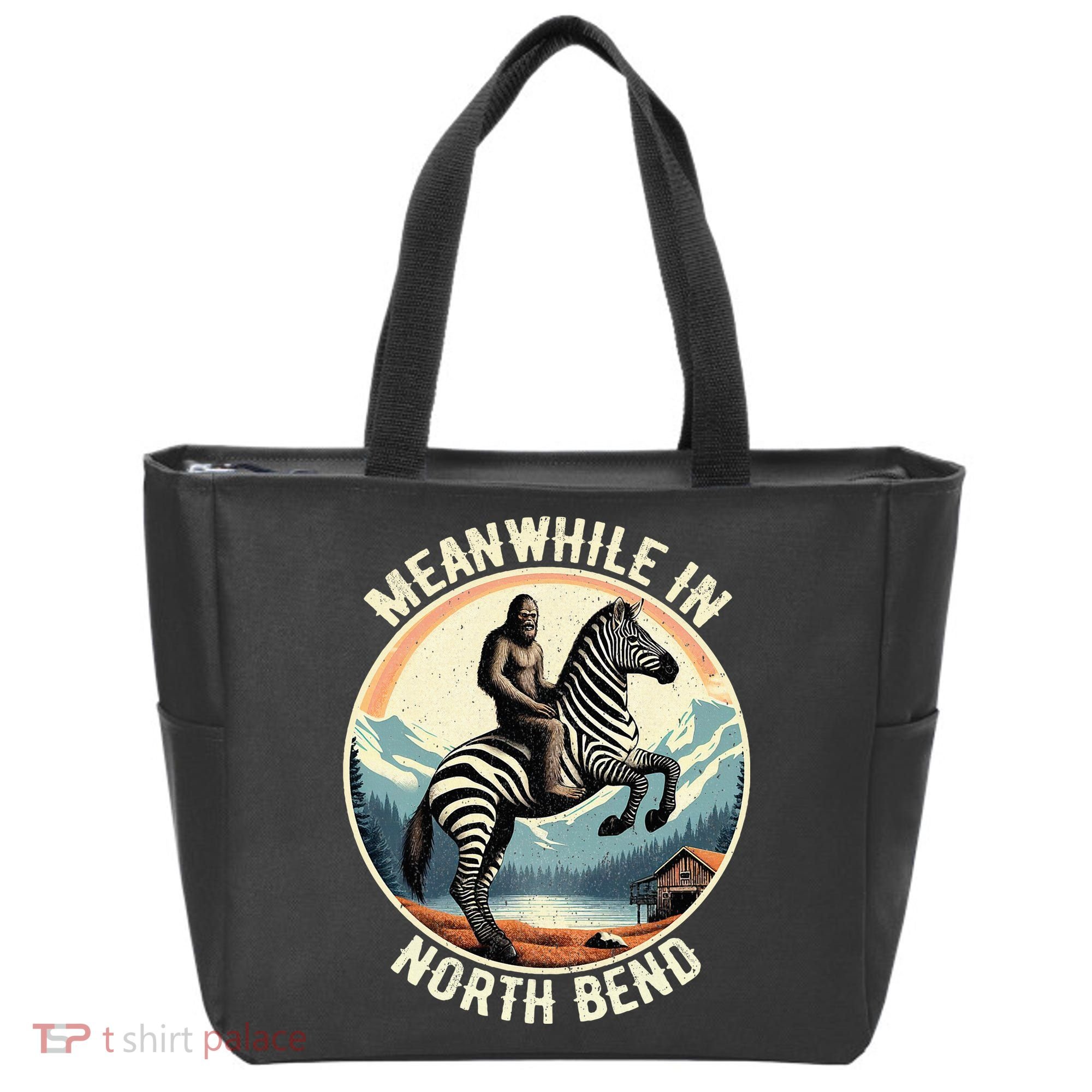 Bigfoot Riding A Zebra Meanwhile In North Bend Tote Bag