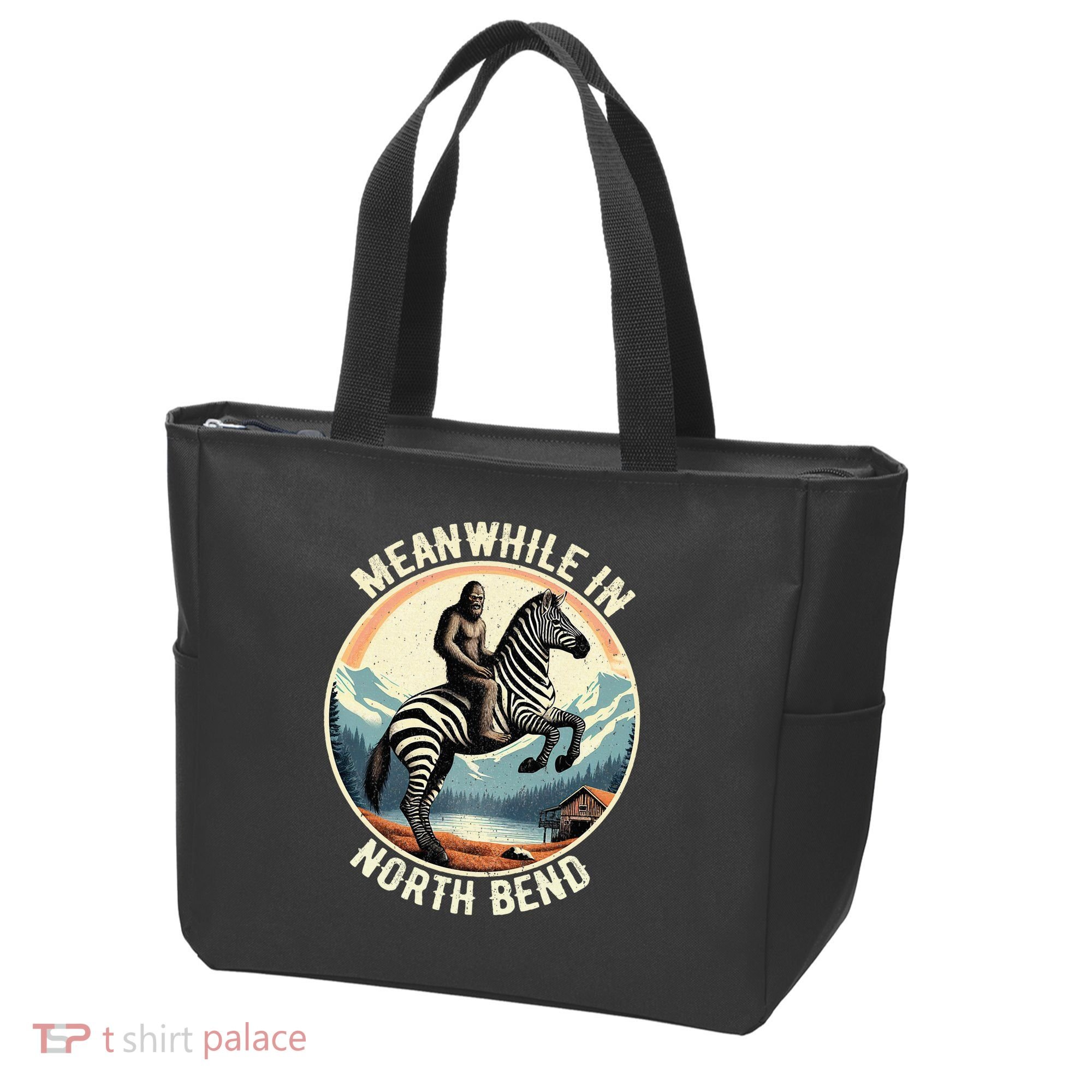 Bigfoot Riding A Zebra Meanwhile In North Bend Tote Bag