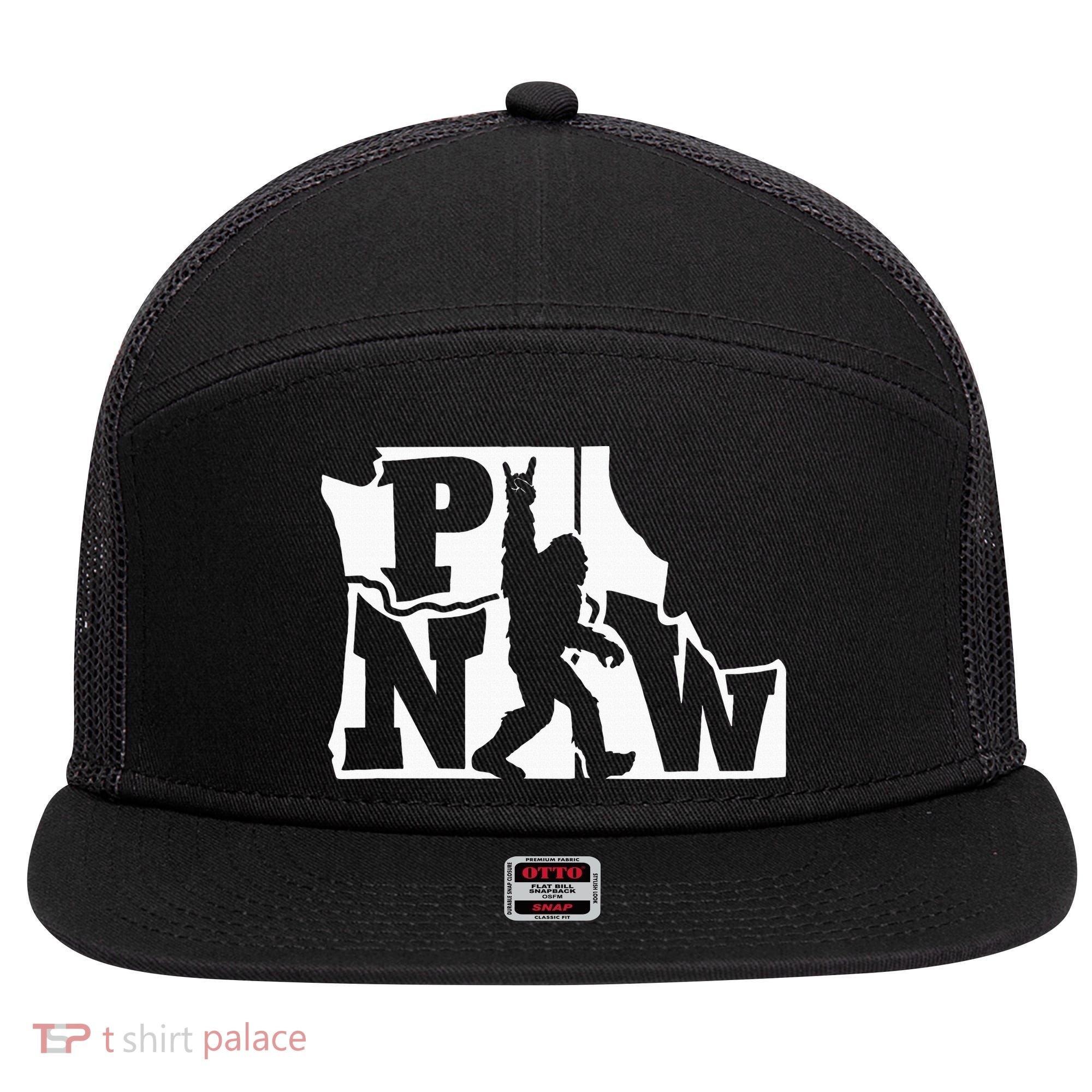Bigfoot Rock And Roll Silhouette Pacific Northwest Sasquatch 7 Panel Mesh Trucker Snapback Hat