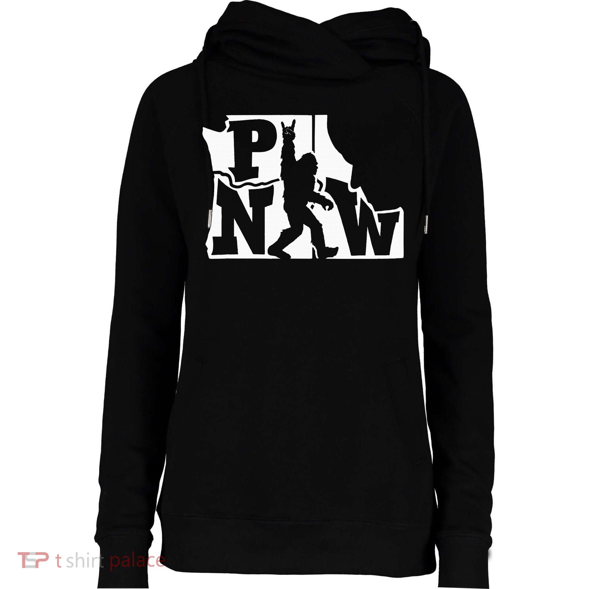 Bigfoot Rock And Roll Silhouette Pacific Northwest Sasquatch Womens Funnel Neck Pullover Hood