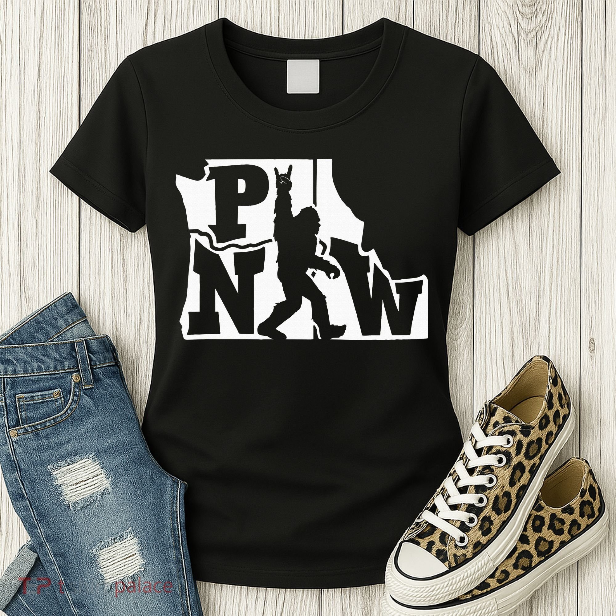 Bigfoot Rock And Roll Silhouette Pacific Northwest Sasquatch Women's T-Shirt