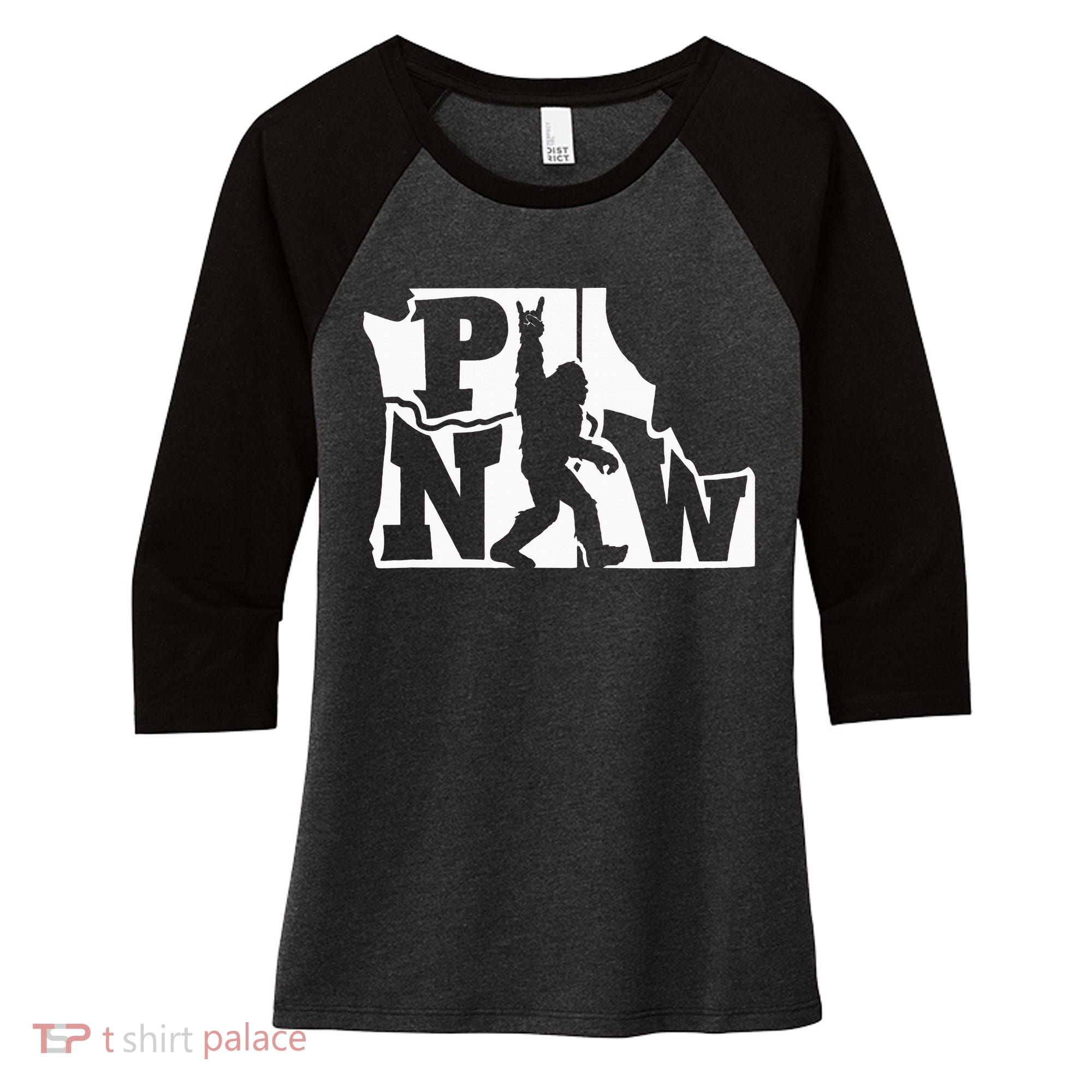 Bigfoot Rock And Roll Silhouette Pacific Northwest Sasquatch Women's Tri-Blend 3/4-Sleeve Raglan Shirt