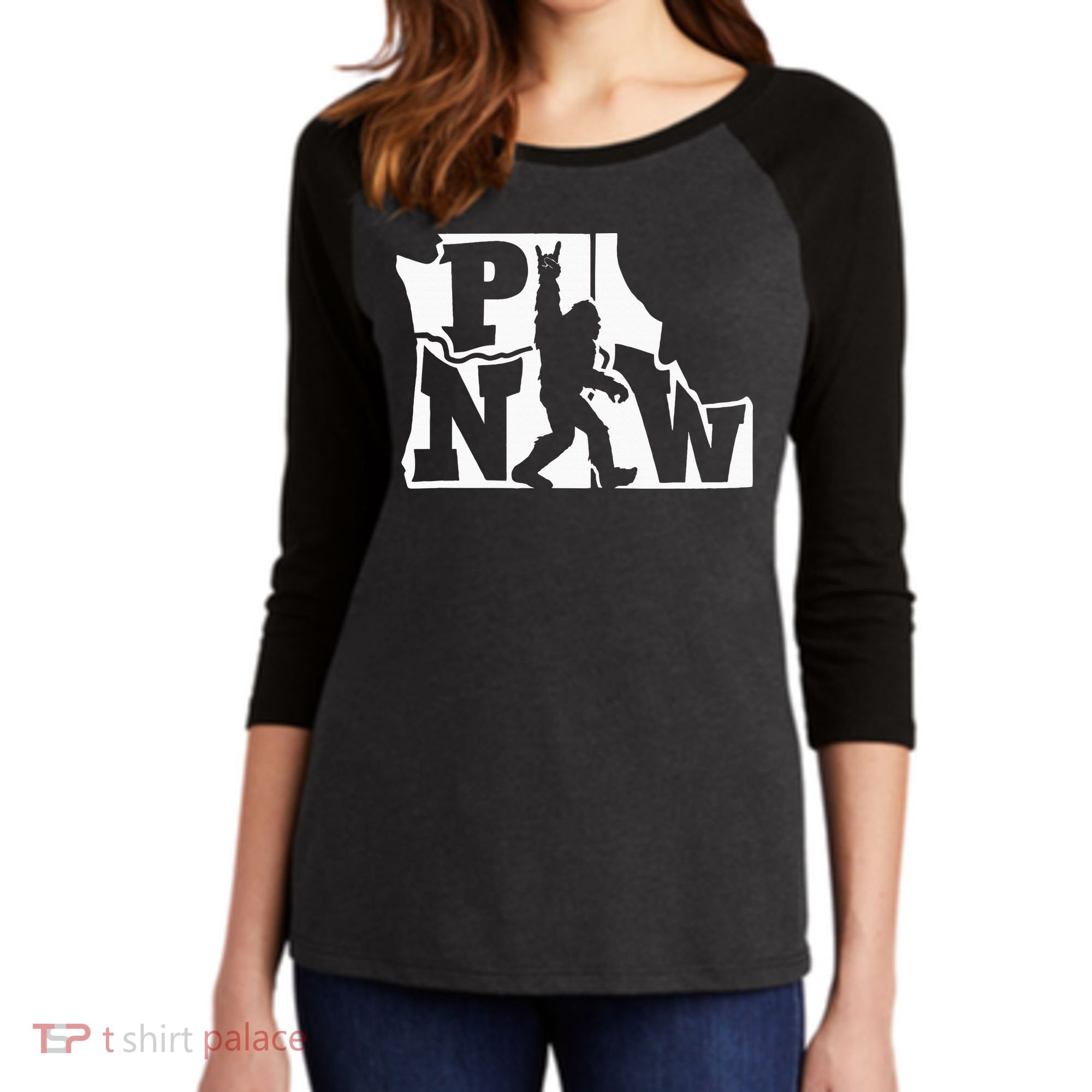 Bigfoot Rock And Roll Silhouette Pacific Northwest Sasquatch Women's Tri-Blend 3/4-Sleeve Raglan Shirt