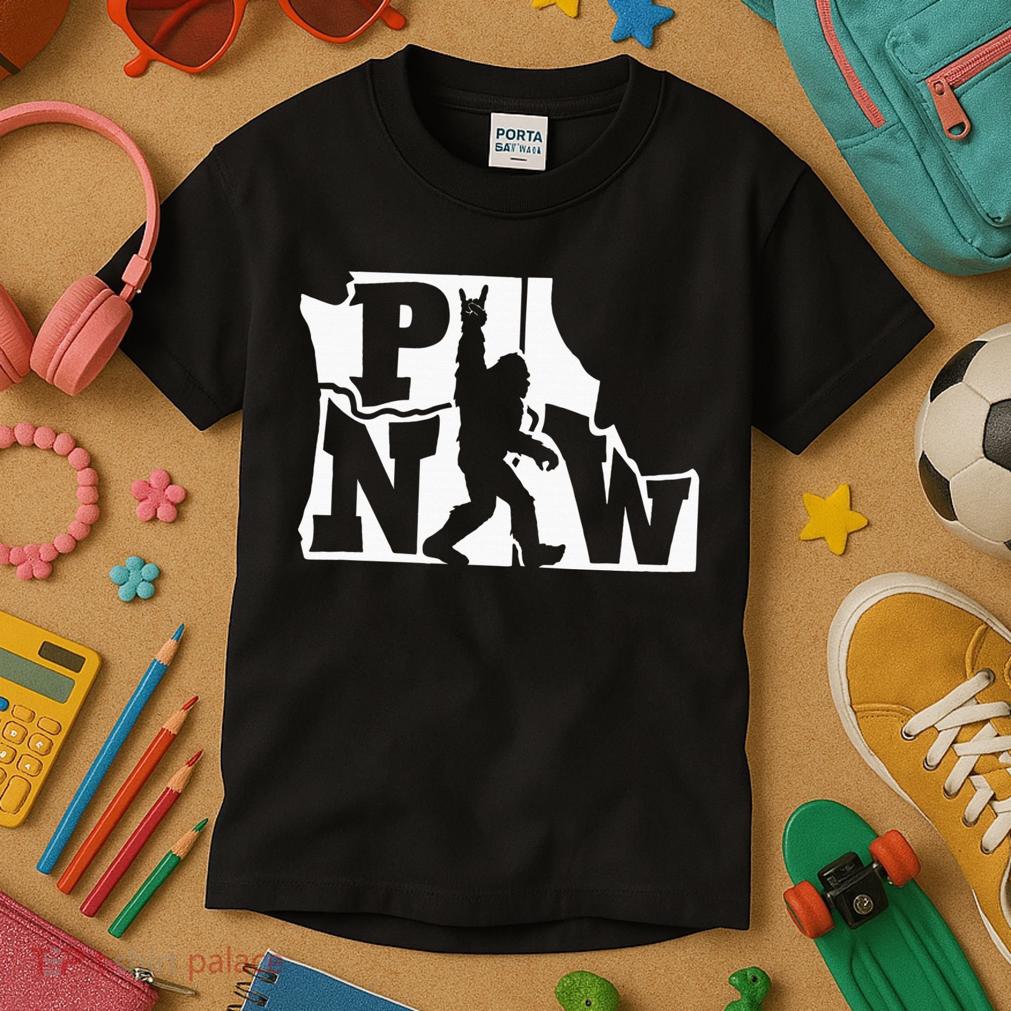 Bigfoot Rock And Roll Silhouette Pacific Northwest Sasquatch Kids T-Shirt