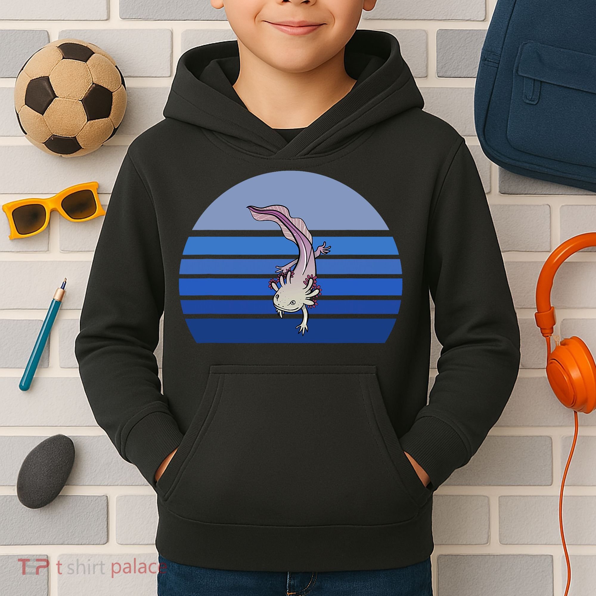 Blue Retro Axolotl Mexican Salamander Gift Lover Kids Hoodie