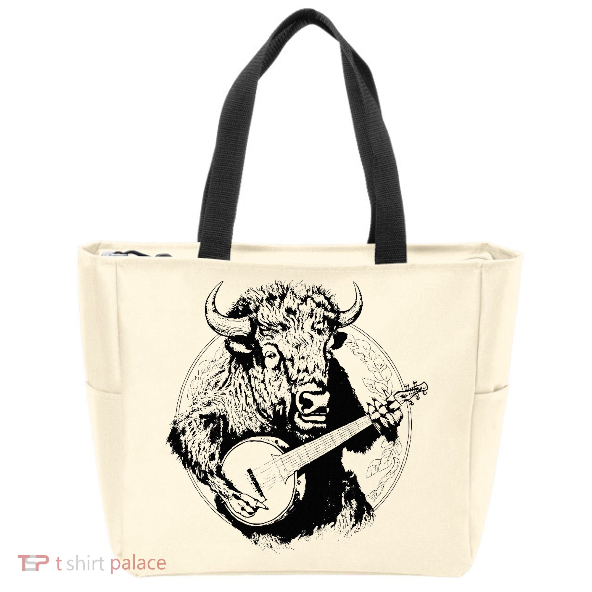 Buffalo Retro Bison Animal Playing Banjo Music Graphic Tote Bag
