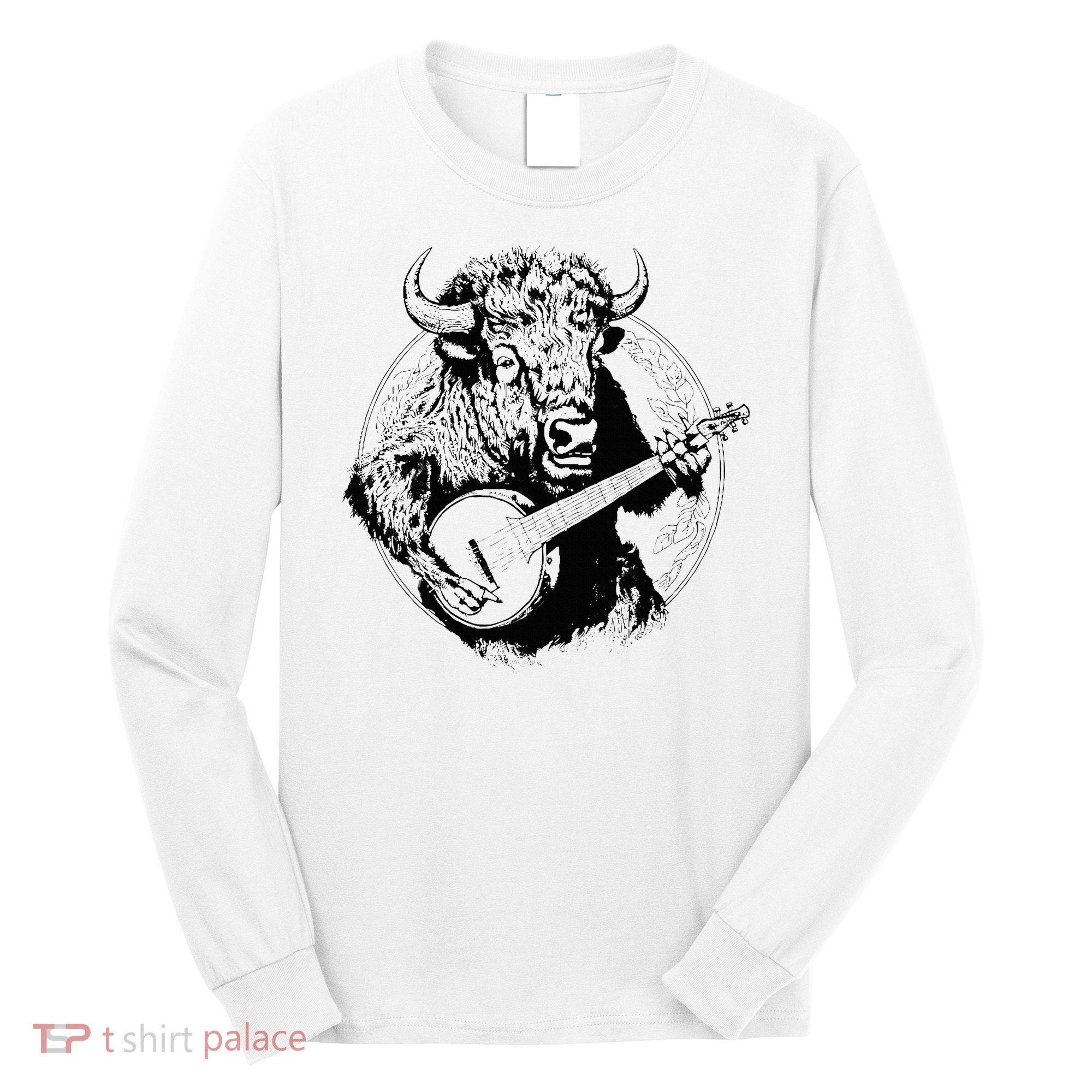 Buffalo Retro Bison Animal Playing Banjo Music Graphic Long Sleeve Shirt