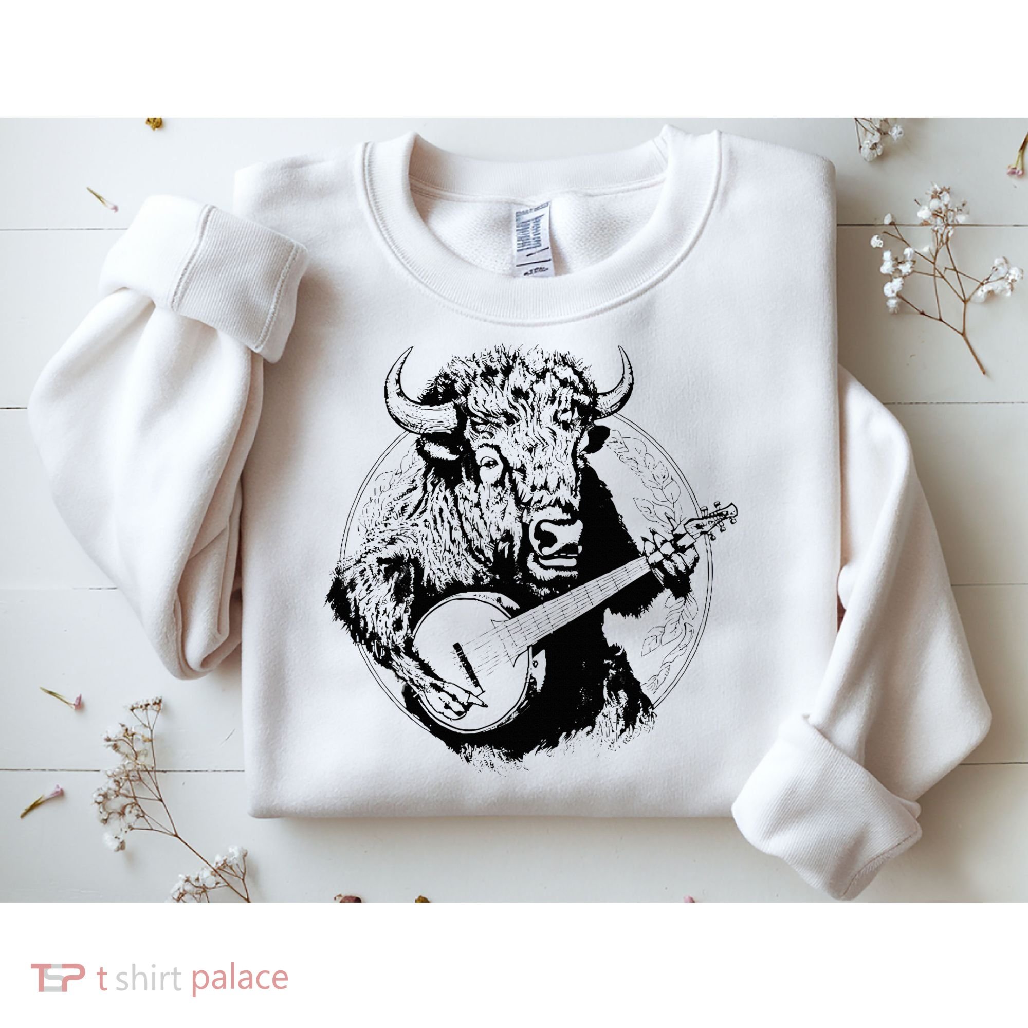 Buffalo Retro Bison Animal Playing Banjo Music Graphic Sweatshirt