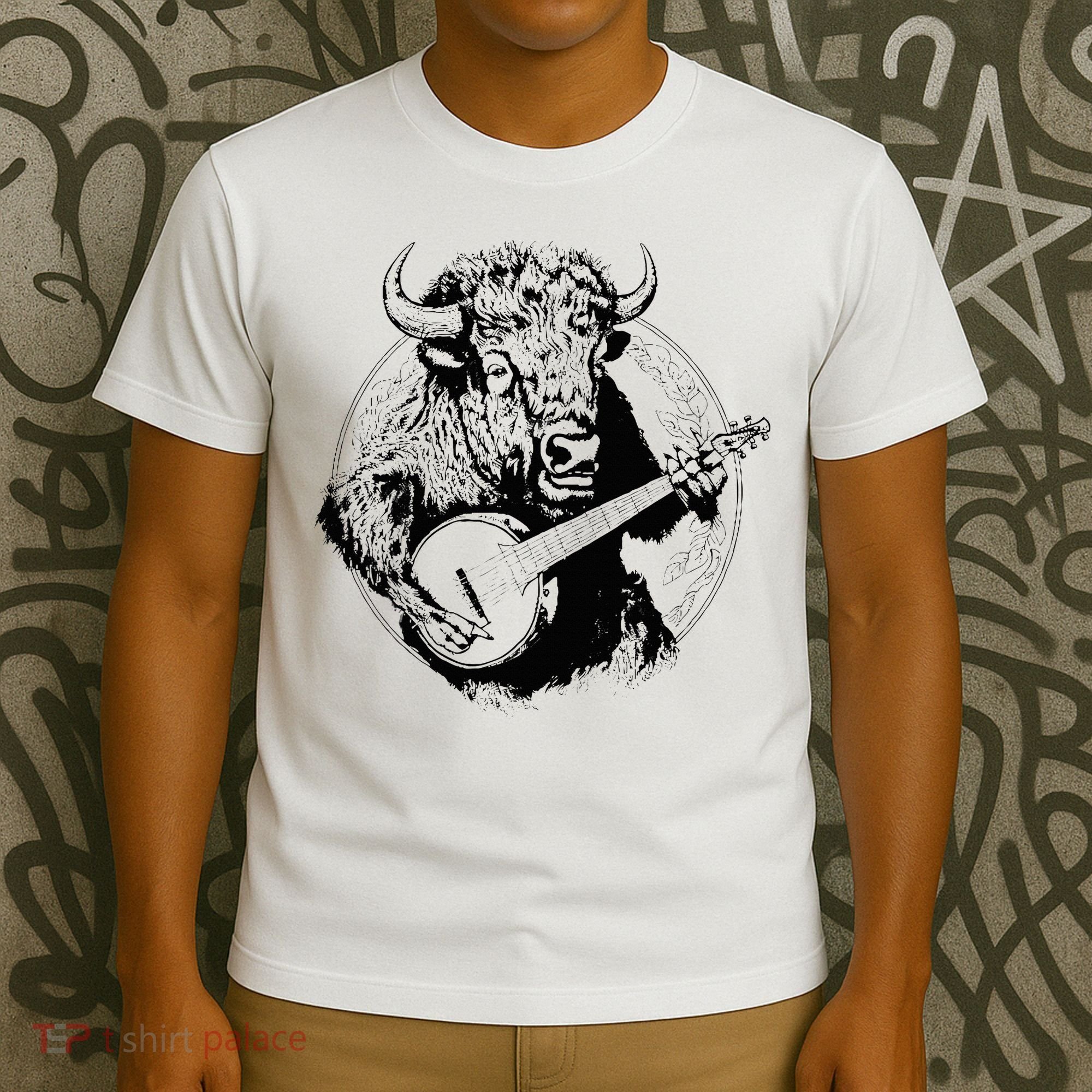 Buffalo Retro Bison Animal Playing Banjo Music Graphic T-Shirt