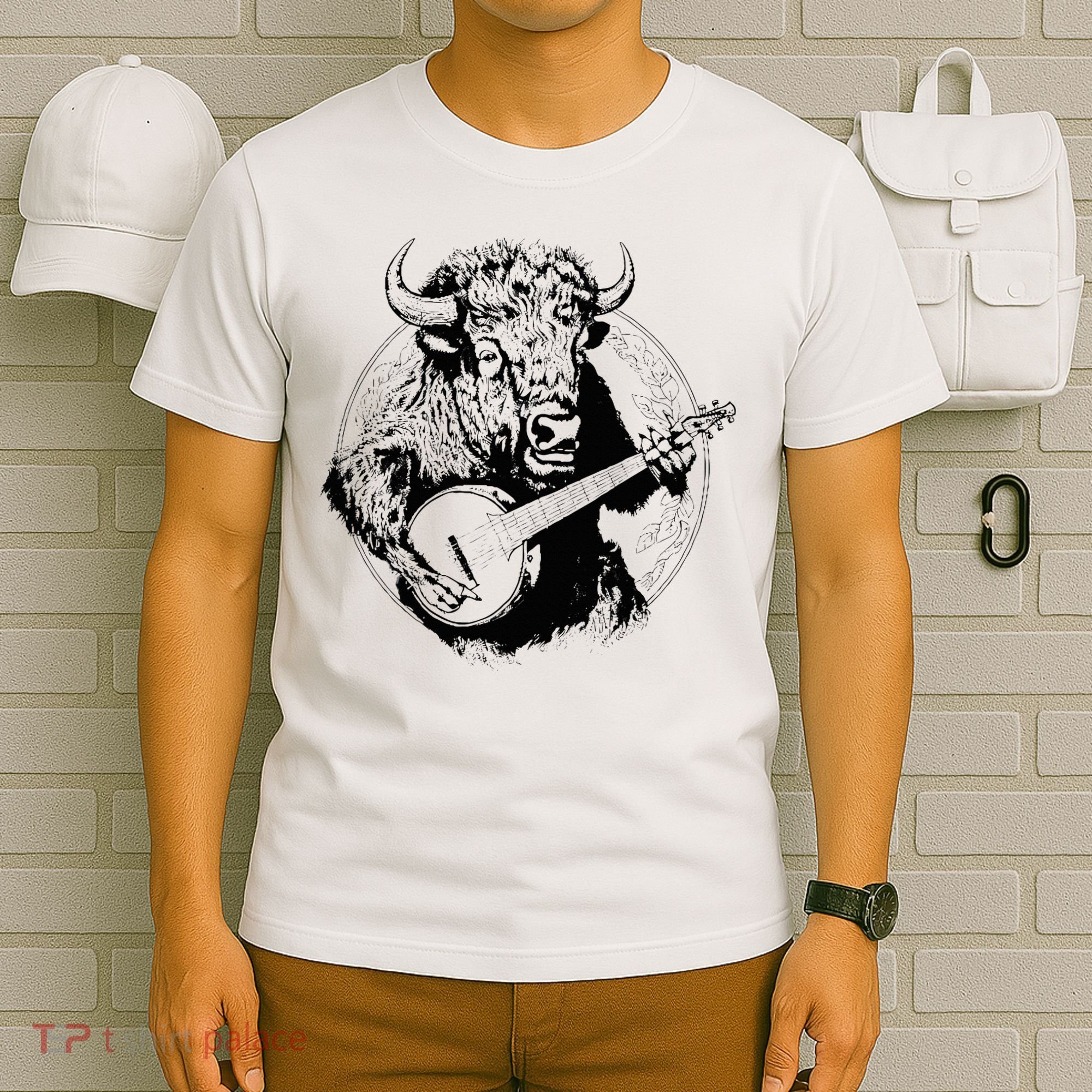 Buffalo Retro Bison Animal Playing Banjo Music Graphic T-Shirt