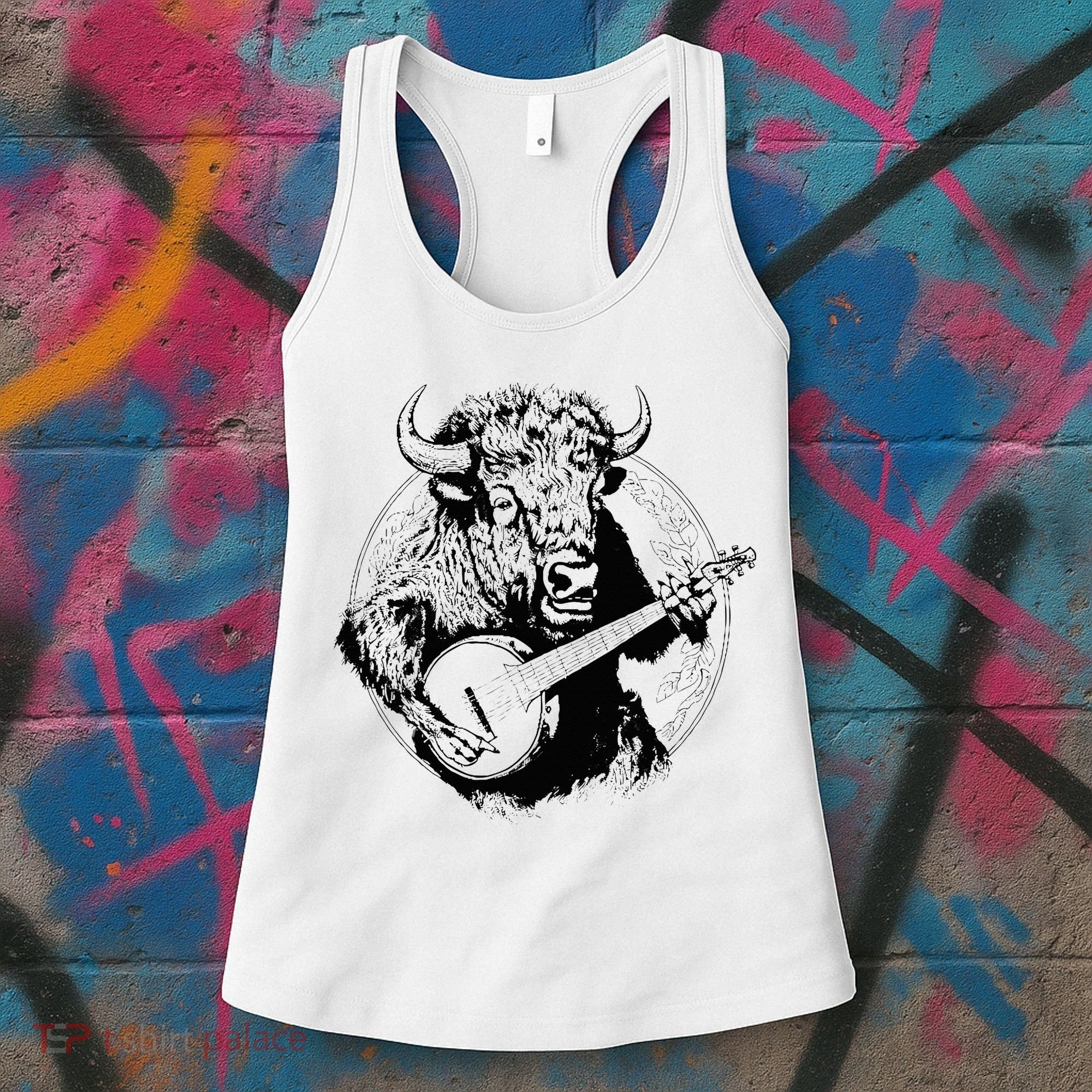 Buffalo Retro Bison Animal Playing Banjo Music Graphic Women's Tank Top
