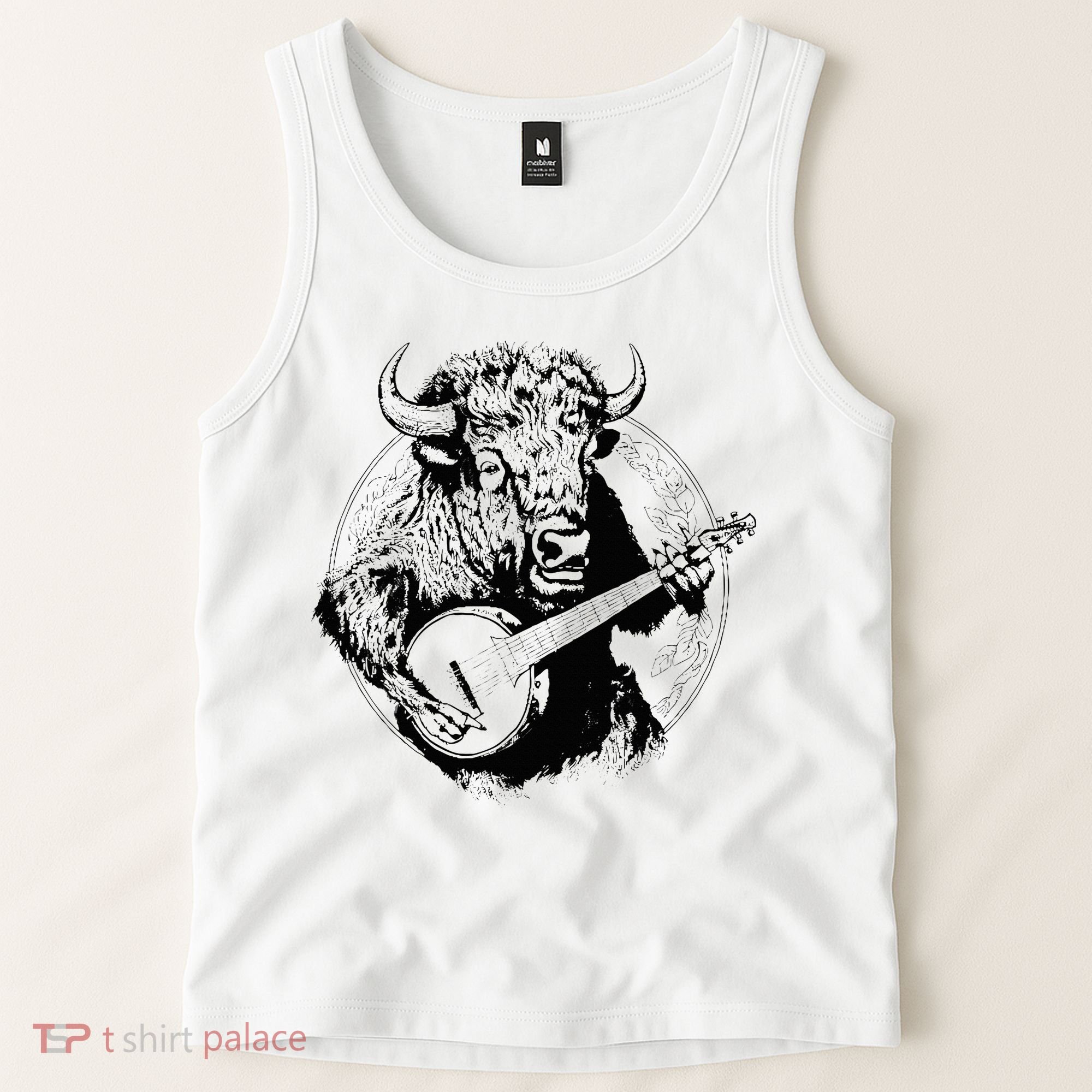 Buffalo Retro Bison Animal Playing Banjo Music Graphic Tank Top