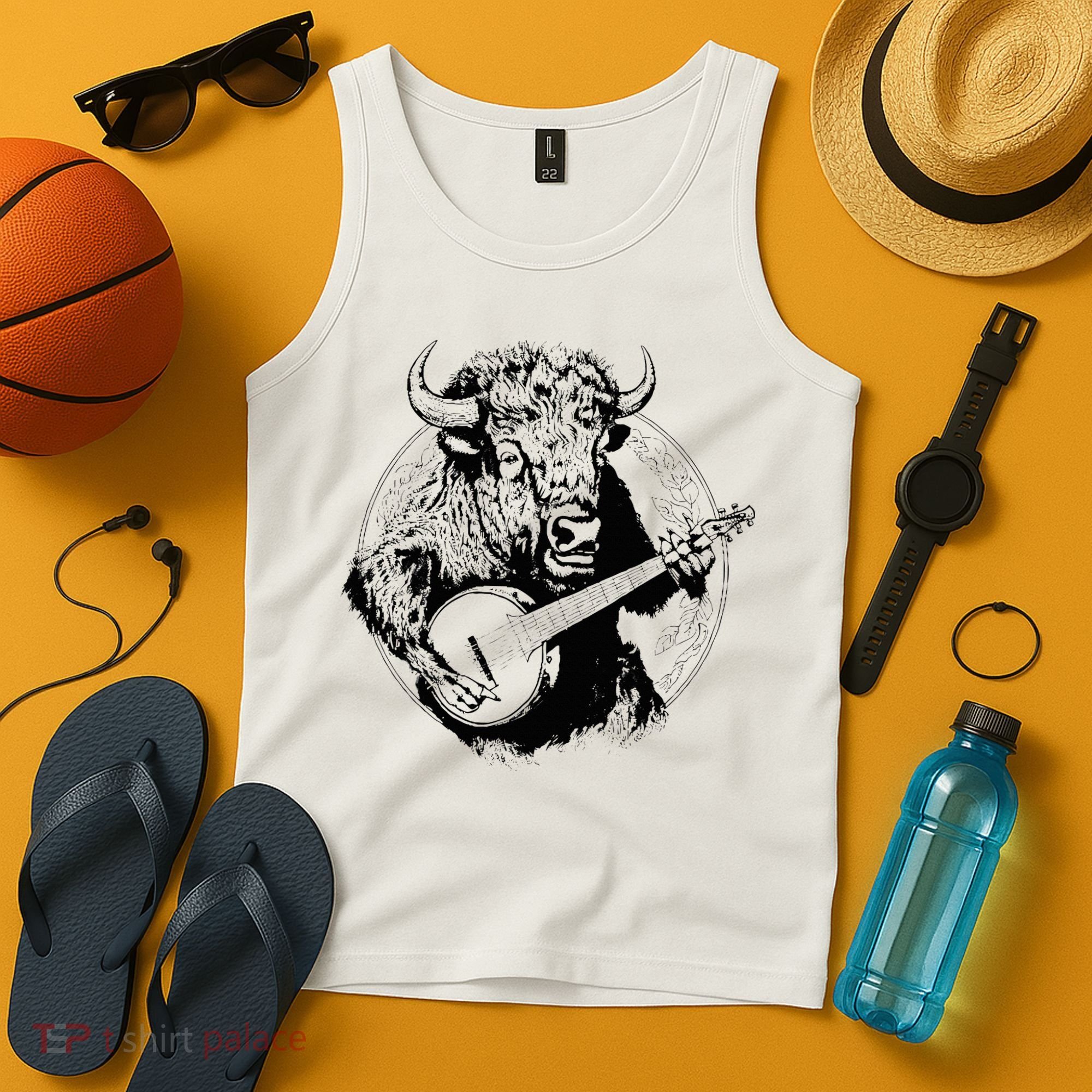 Buffalo Retro Bison Animal Playing Banjo Music Graphic Tank Top