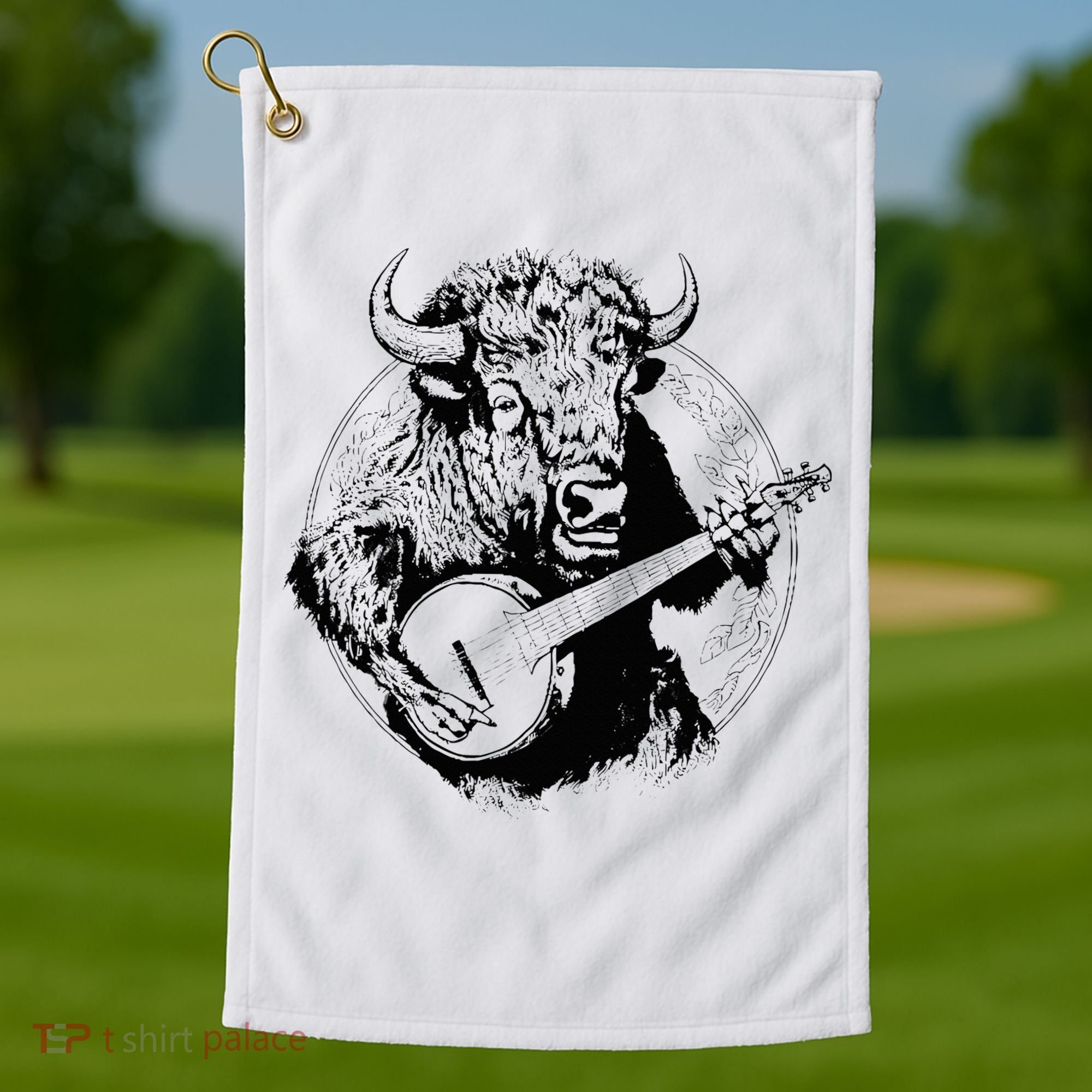 Buffalo Retro Bison Animal Playing Banjo Music Graphic Golf Towel