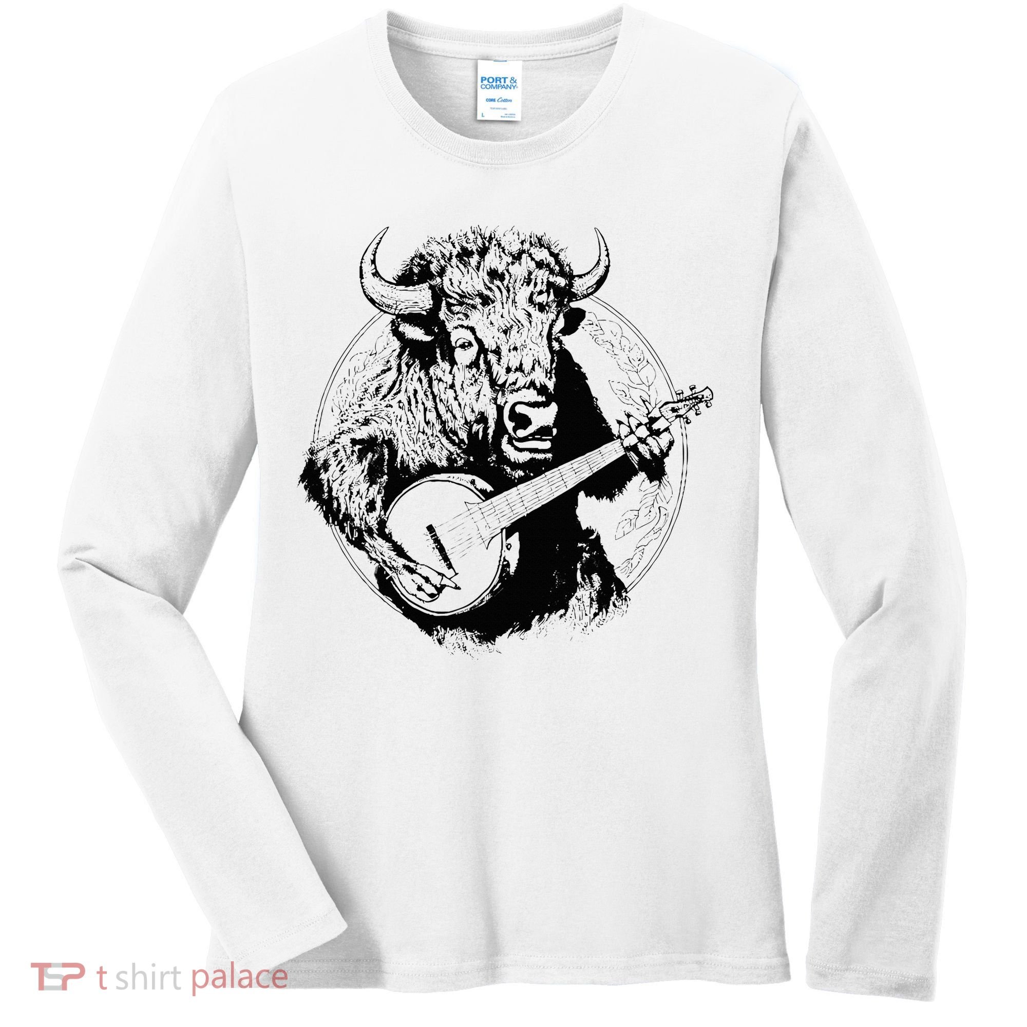 Buffalo Retro Bison Animal Playing Banjo Music Graphic Women's Long Sleeve Shirt