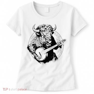 Buffalo Retro Bison Animal Playing Banjo Music Graphic Women's T-Shirt