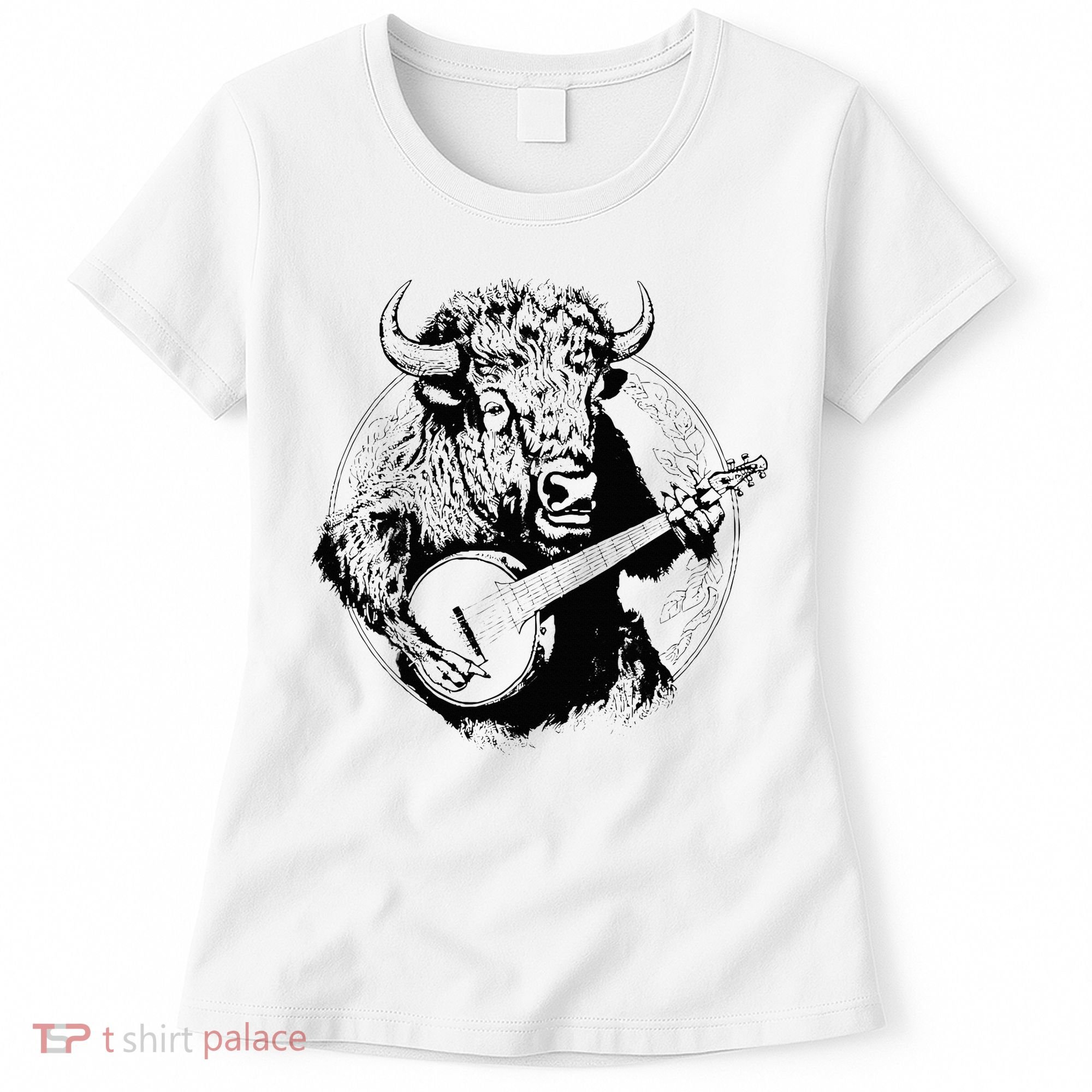 Buffalo Retro Bison Animal Playing Banjo Music Graphic Women's T-Shirt