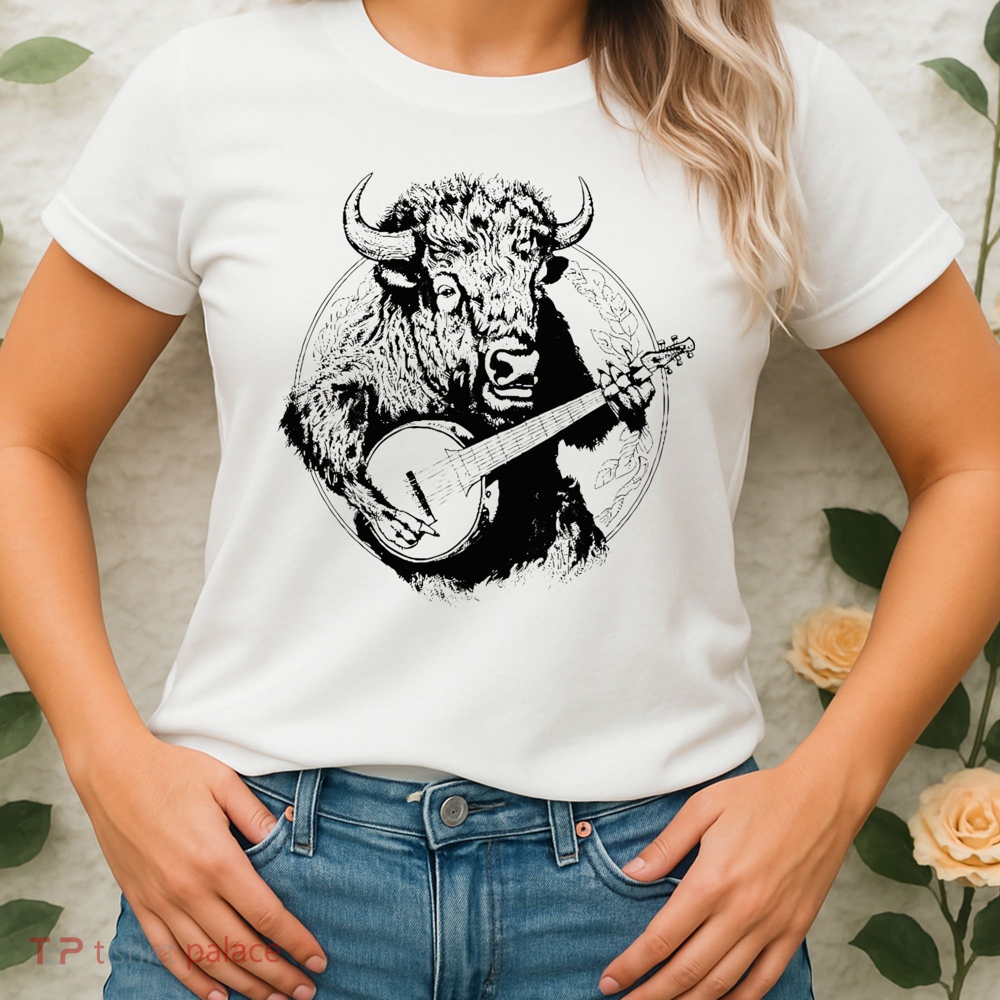 Buffalo Retro Bison Animal Playing Banjo Music Graphic Women's T-Shirt